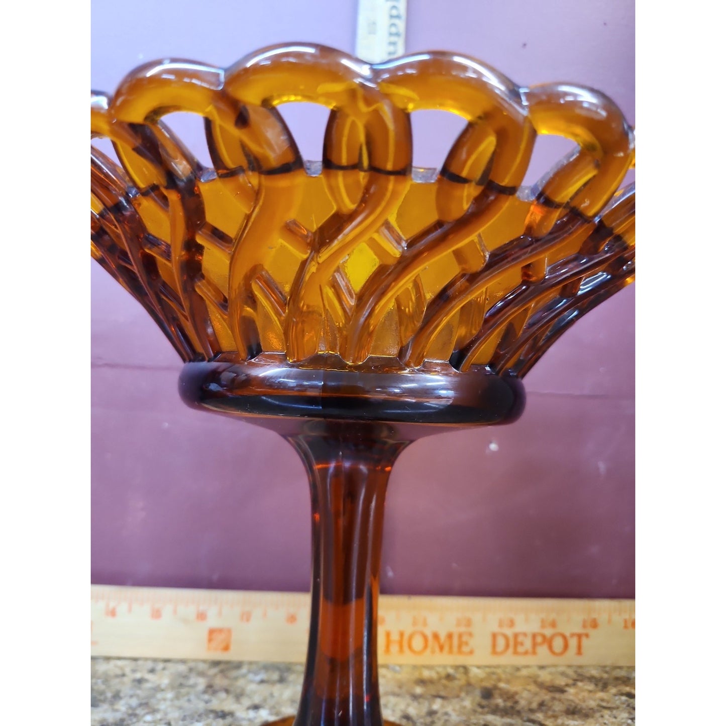 Vintage Amber Glass Basket Weave Pedestal Compote Or Candy Dish