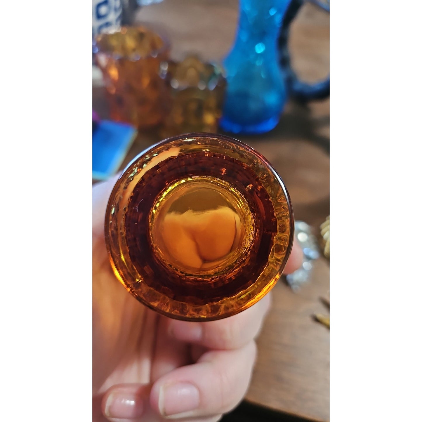 Vintage Daisy Button Toothpick Holder Amber Pressed Glass Scalloped Rim