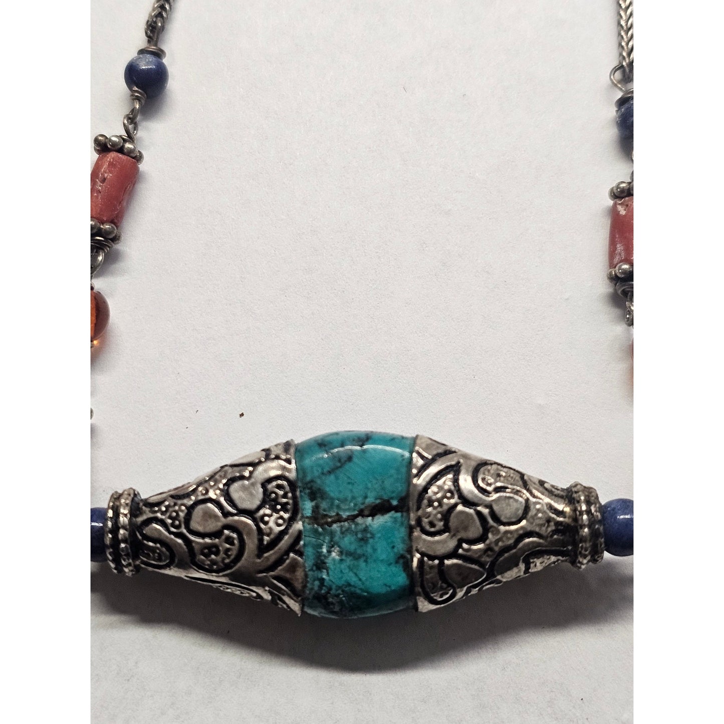 Vintage Sterling Silver and Turquoise Necklace Tibetan Tribal Blue Red Beads