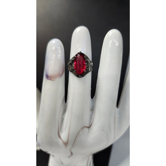 Vintage Sterling Silver Red Oval Stone Statement Ring Ornate Size 3.5 Cocktail