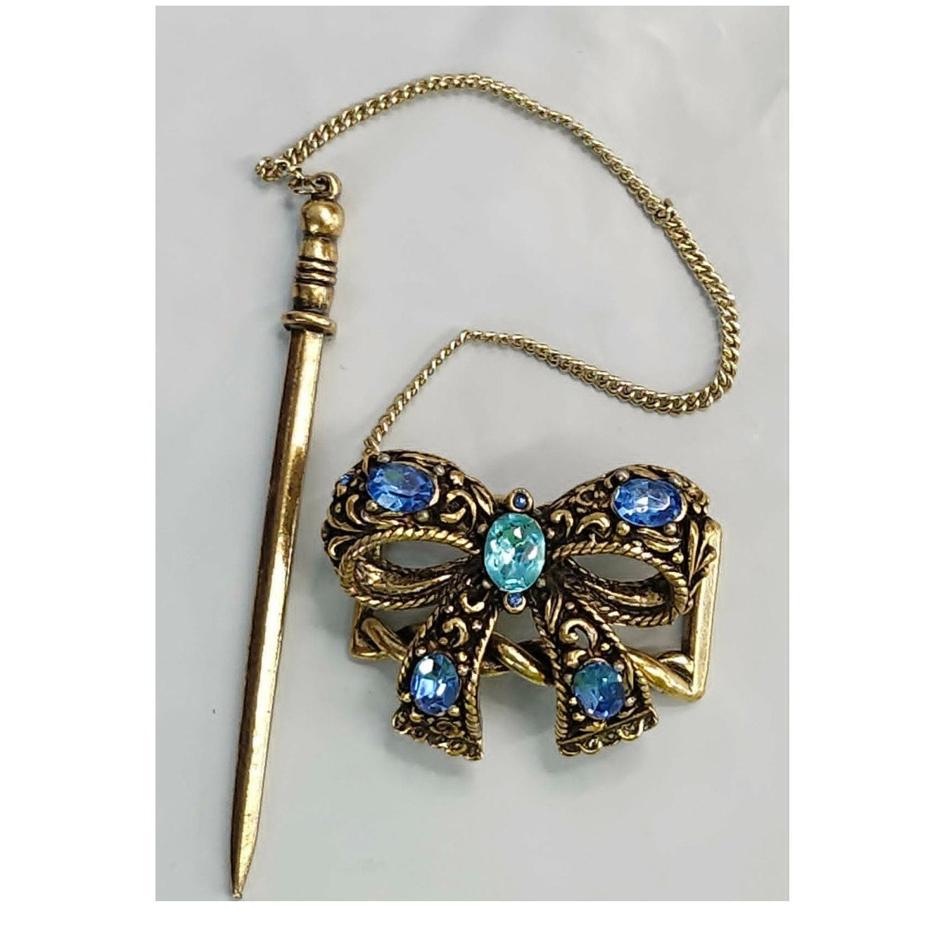 Vintage Intercontinental ILE Co Bow Pin Stick Brooch Blue Rhinestone Gold Tone
