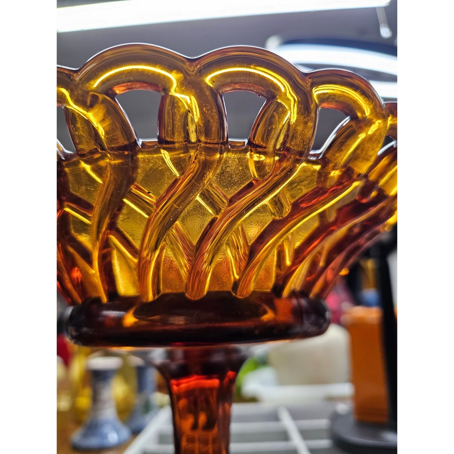 VTG Amber Basket Weave Lattice Glass Pedestal Compote Dish Art Decorative Bowl