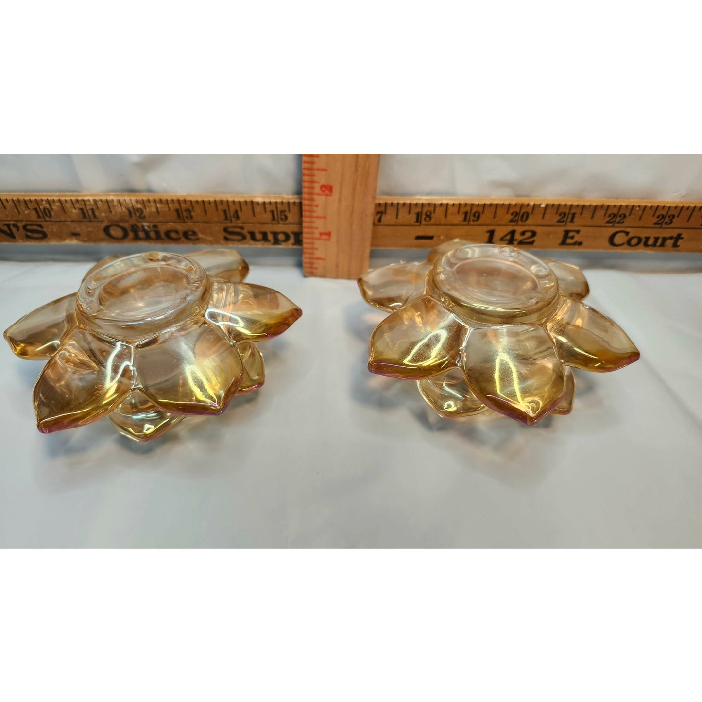 VTG Lotus Flower Glass Tealight Candle Holders Iridescent Gold Amber Set of 2