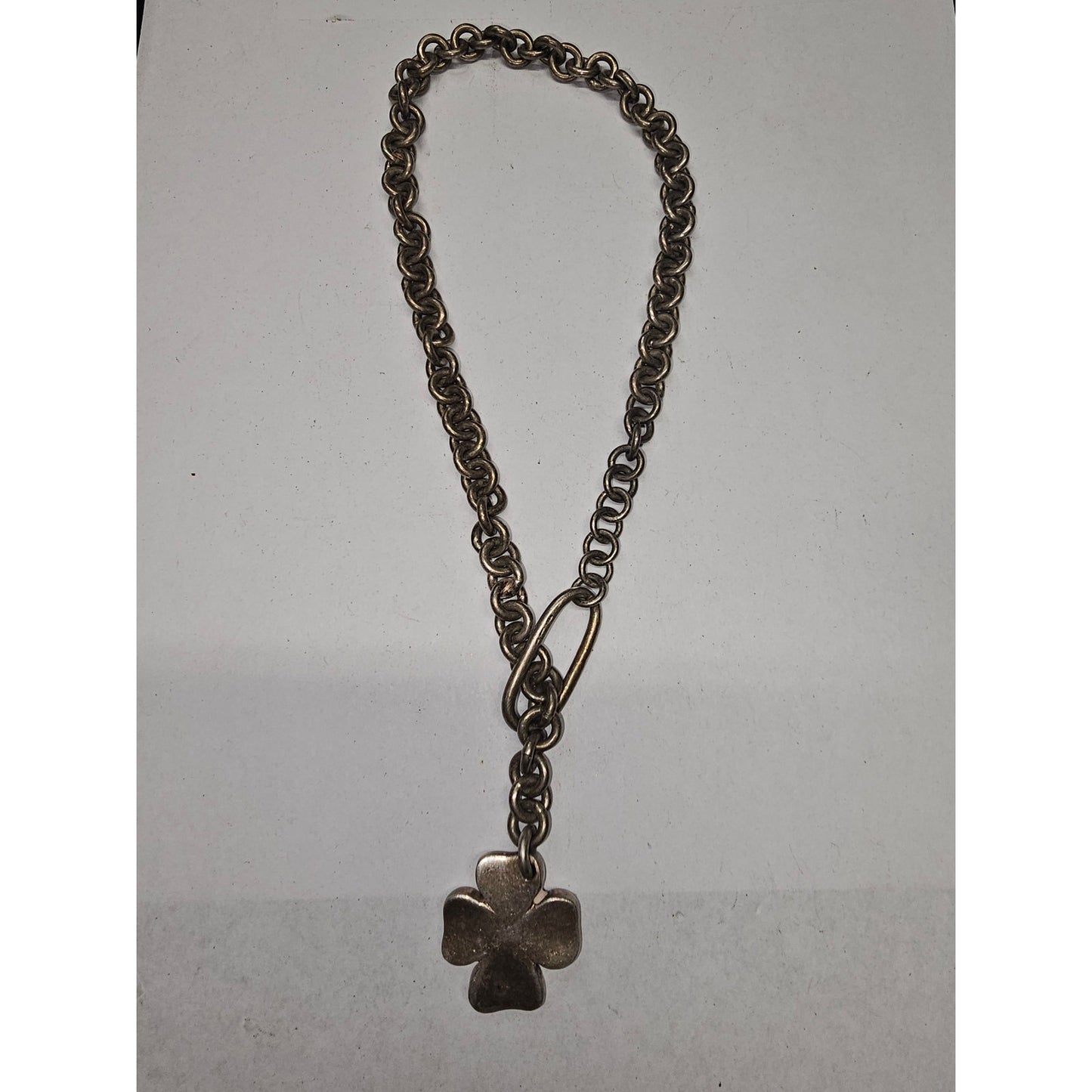 Vintage 925 Sterling Silver Four Leaf Clover Pendant Necklace Charm Thick Chain
