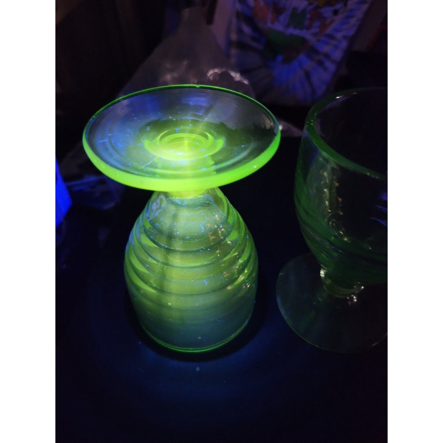 Lot/2 Paden City Green Penny Line Goblets 5 1/4" 1930's Nice UV Glow
