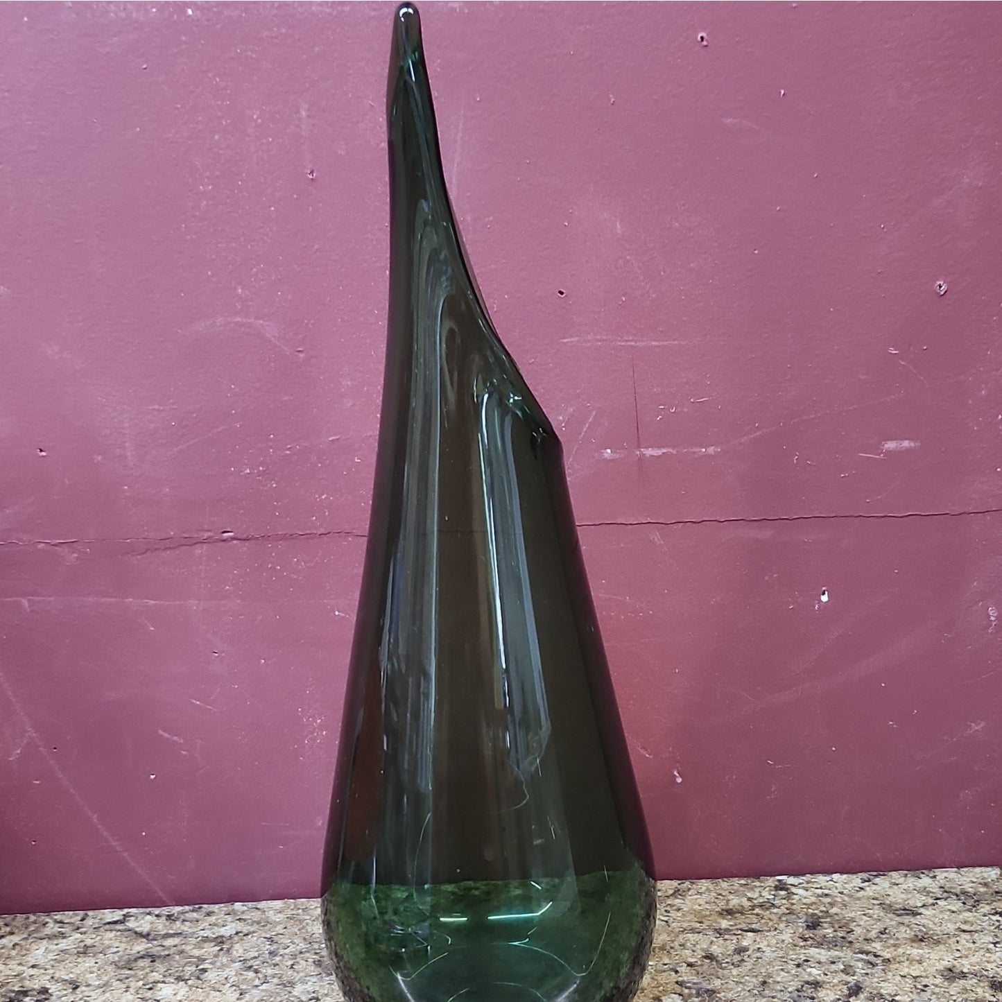 Unmarked Sculptural Green Glass Art Swung Vase w/ Flared Rim, 13 In, Green