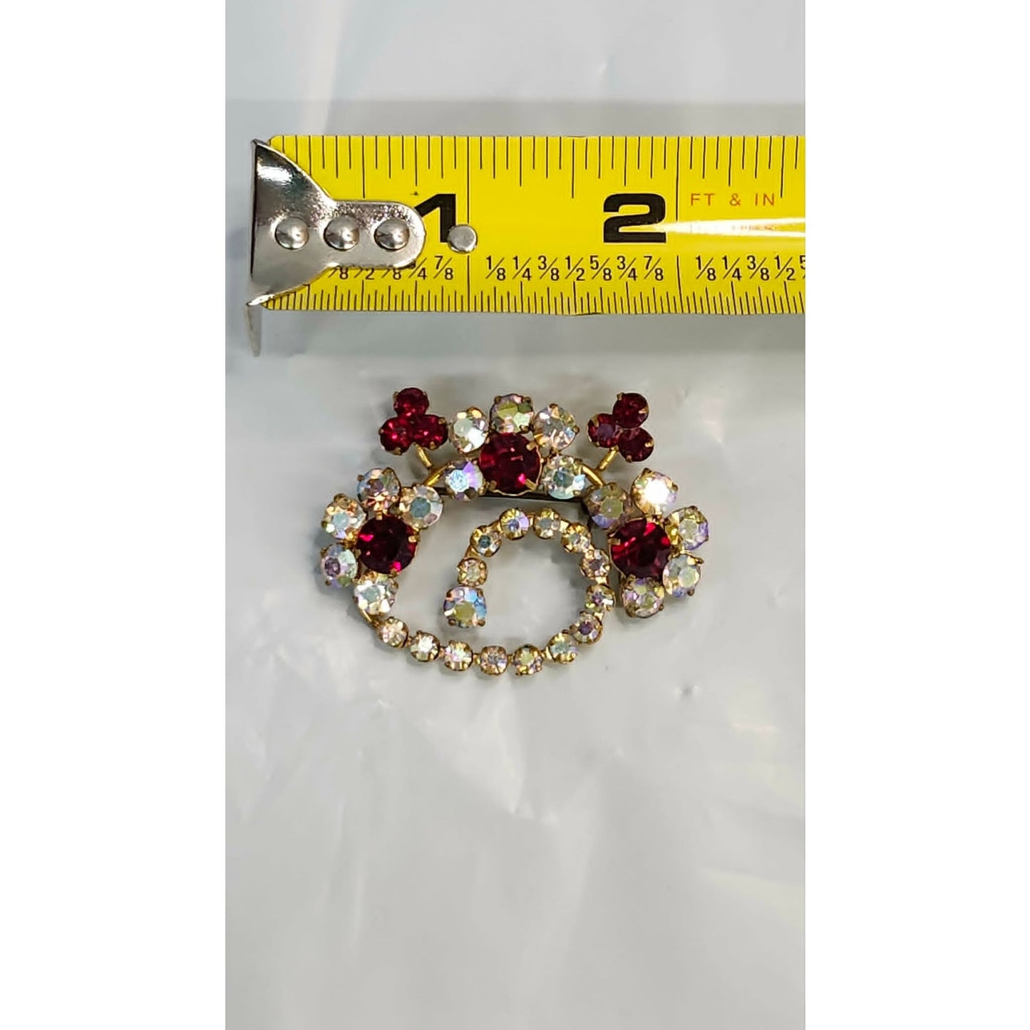 Vintage Made In Austria Rhinestone Brooch Pin Red Clear Crystal Gold Tone