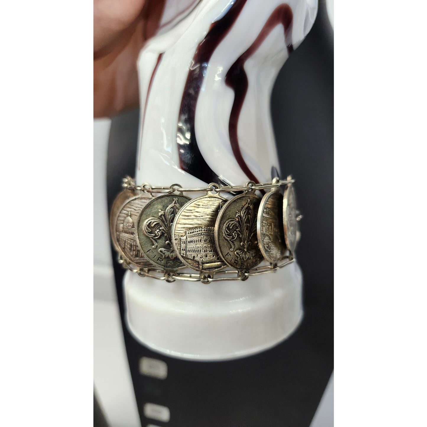Vintage Italian Souvenir Coin Bracelet Florence Firenze Silver Tone 8"