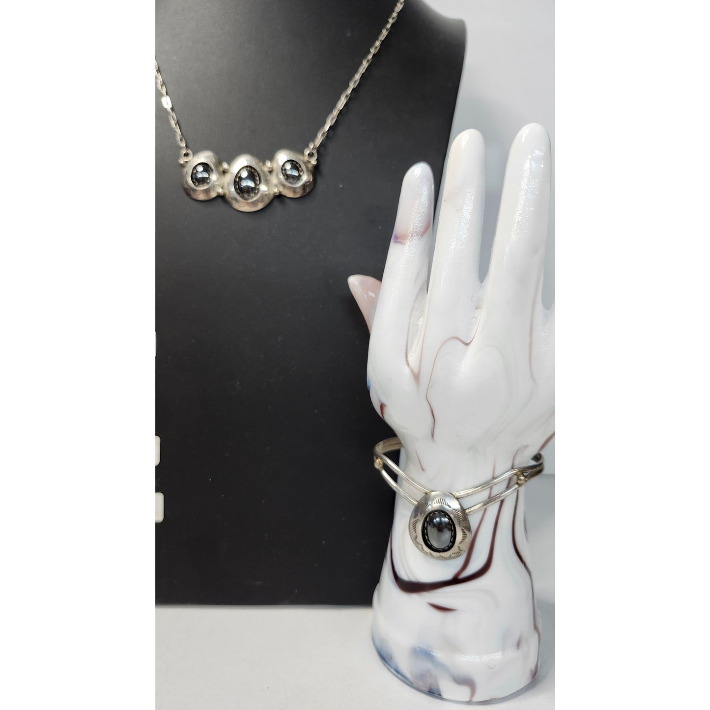 Vintage Teddy Goodluck 925 Sterling Silver Hematite Necklace & Cuff Bracelet Set