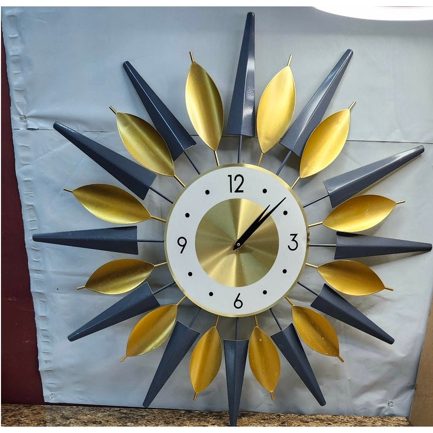Mid Century Modern Sunburst Metal Silent Wall Clock Large 23 Inches Decorative