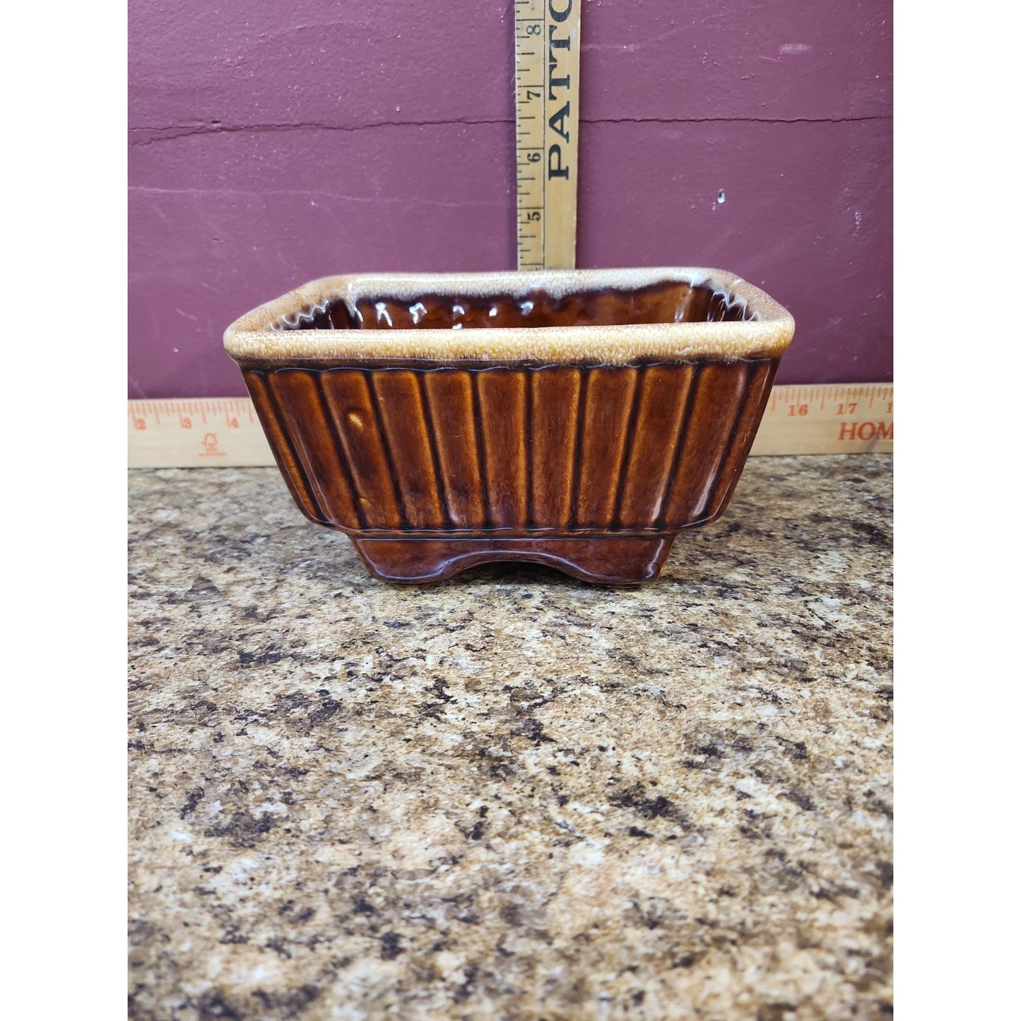 Hull 717 Pottery Planter Light Brown Drip Glaze Signed USA 7"x 5-1/4 x 4" high