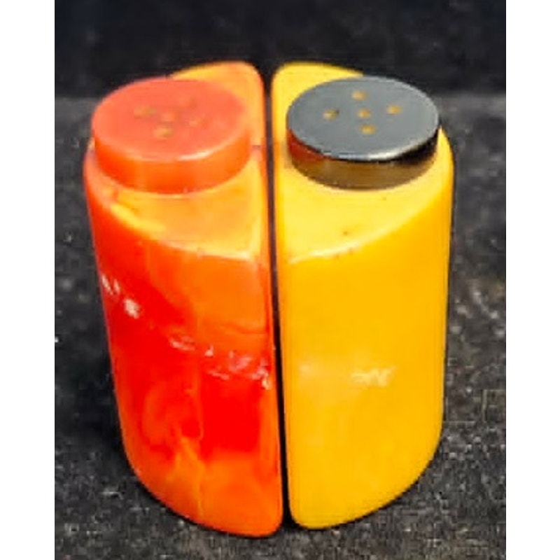 Vintage Bakelite Salt & Pepper Shakers Marbled Red Butterscotch Yellow Art Deco