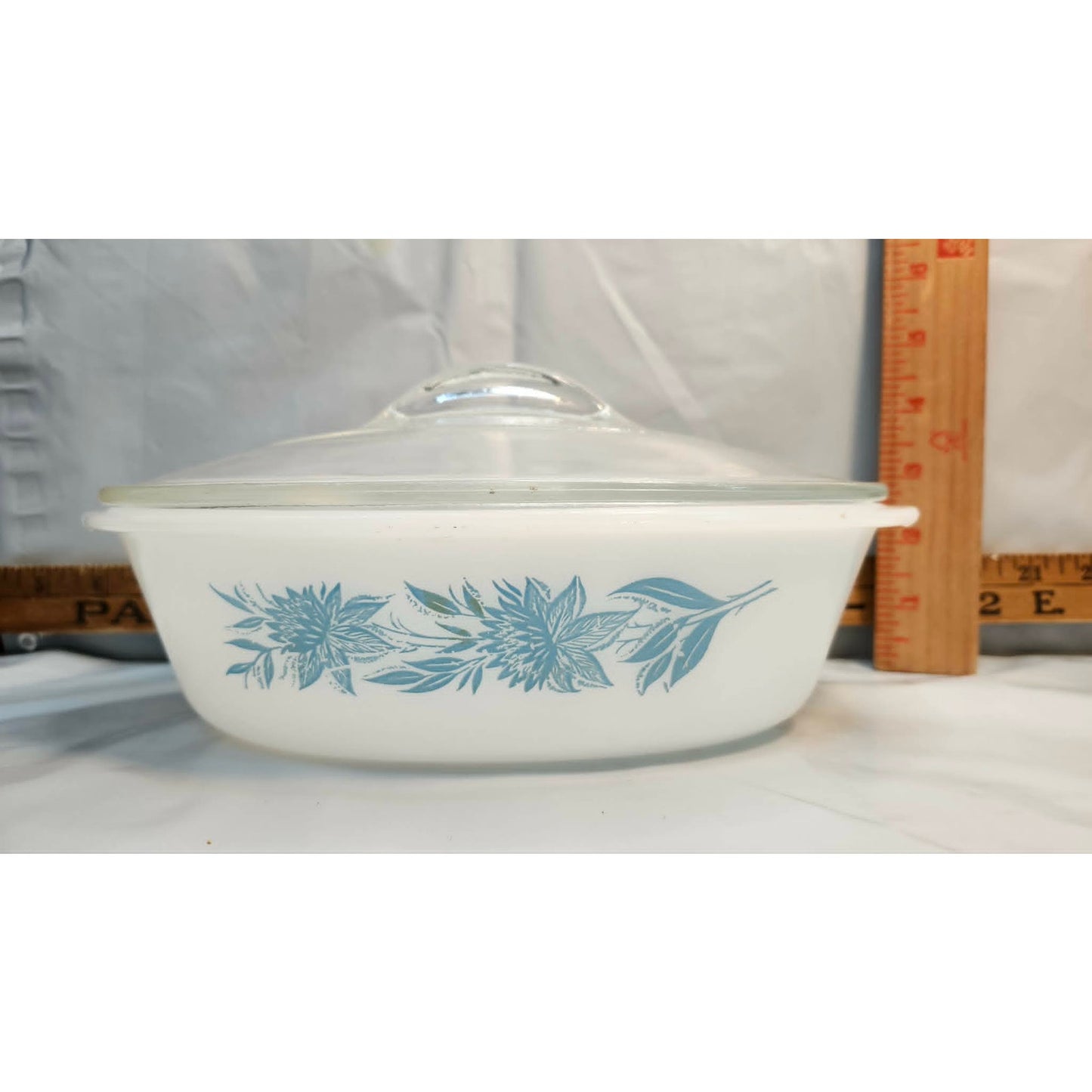 Vintage Glasbake Milk Glass Casserole Dish Blue Thistle Flower With Lid