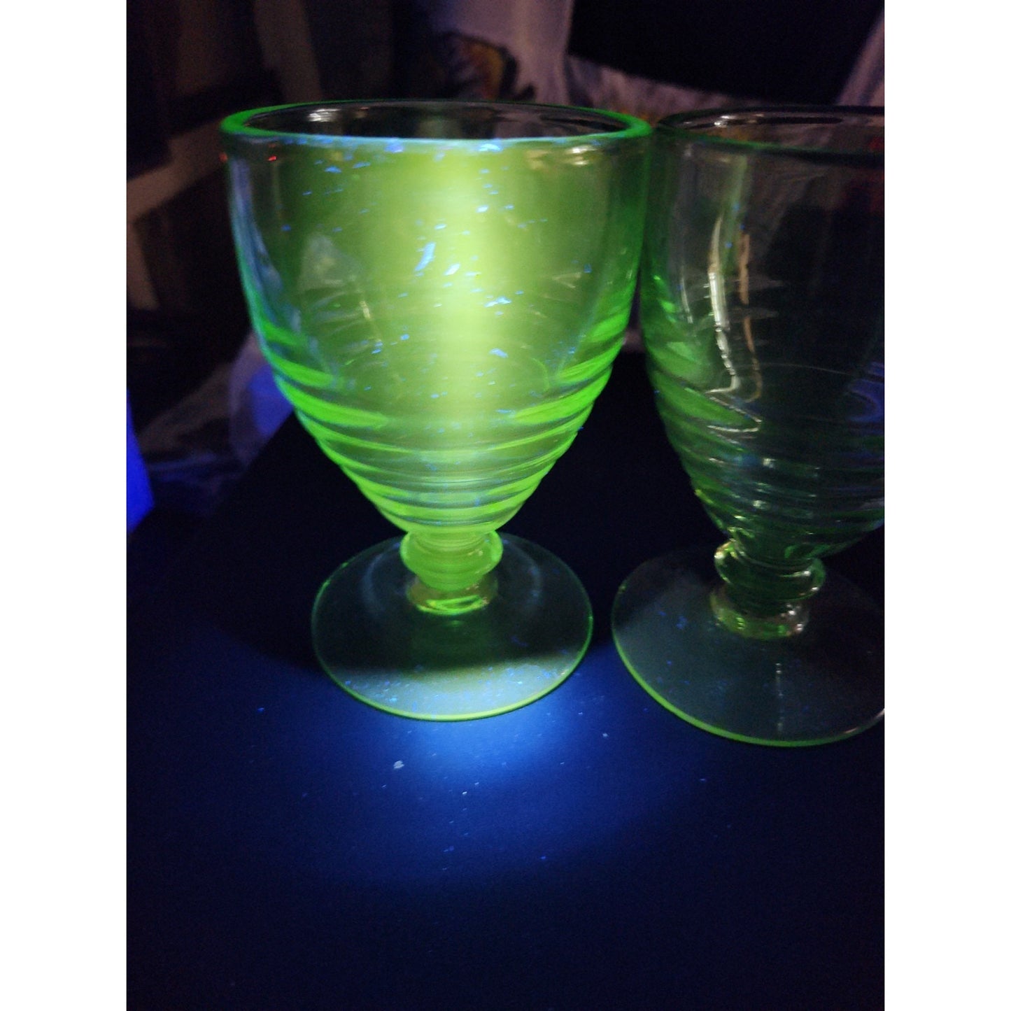 Lot/2 Paden City Green Penny Line Goblets 5 1/4" 1930's Nice UV Glow