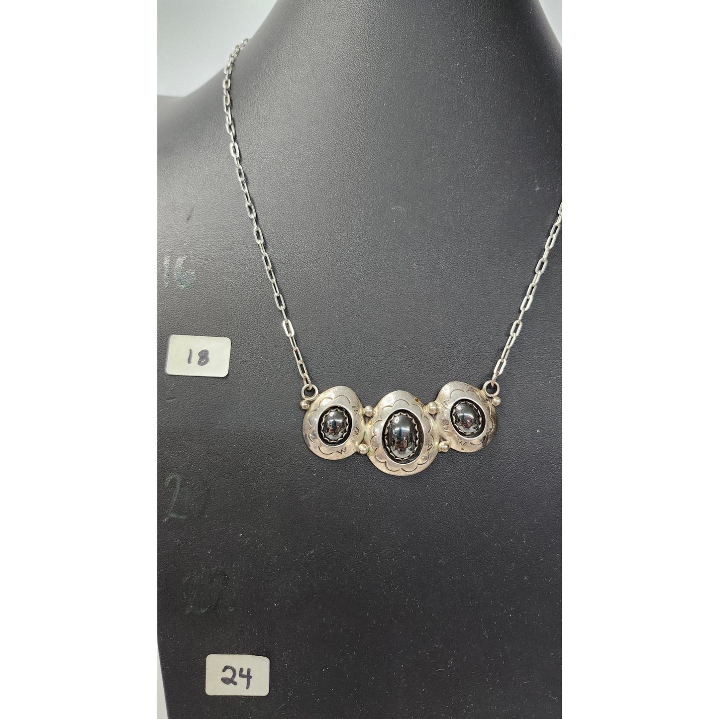 Vintage Teddy Goodluck 925 Sterling Silver Hematite Necklace & Cuff Bracelet Set