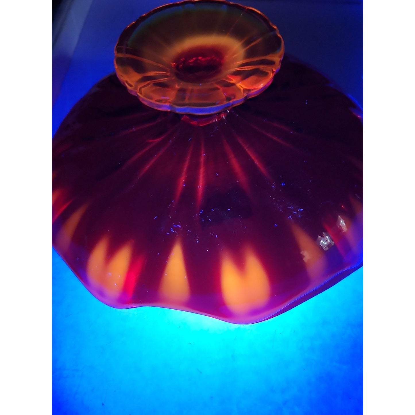 Amberina 9 Petal glass footed compote bowl, likely L.E. Smith or Viking Glass