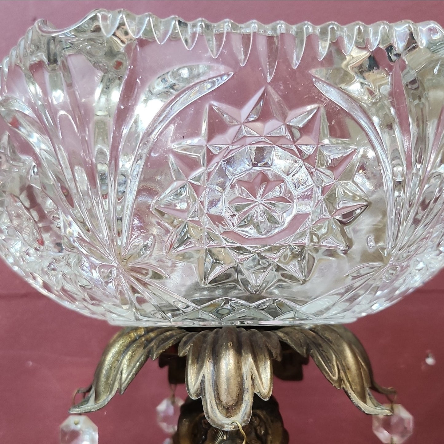 Antique Crystal Cut Glass Hexagonal Pedestal Bowl Hollywood Regency