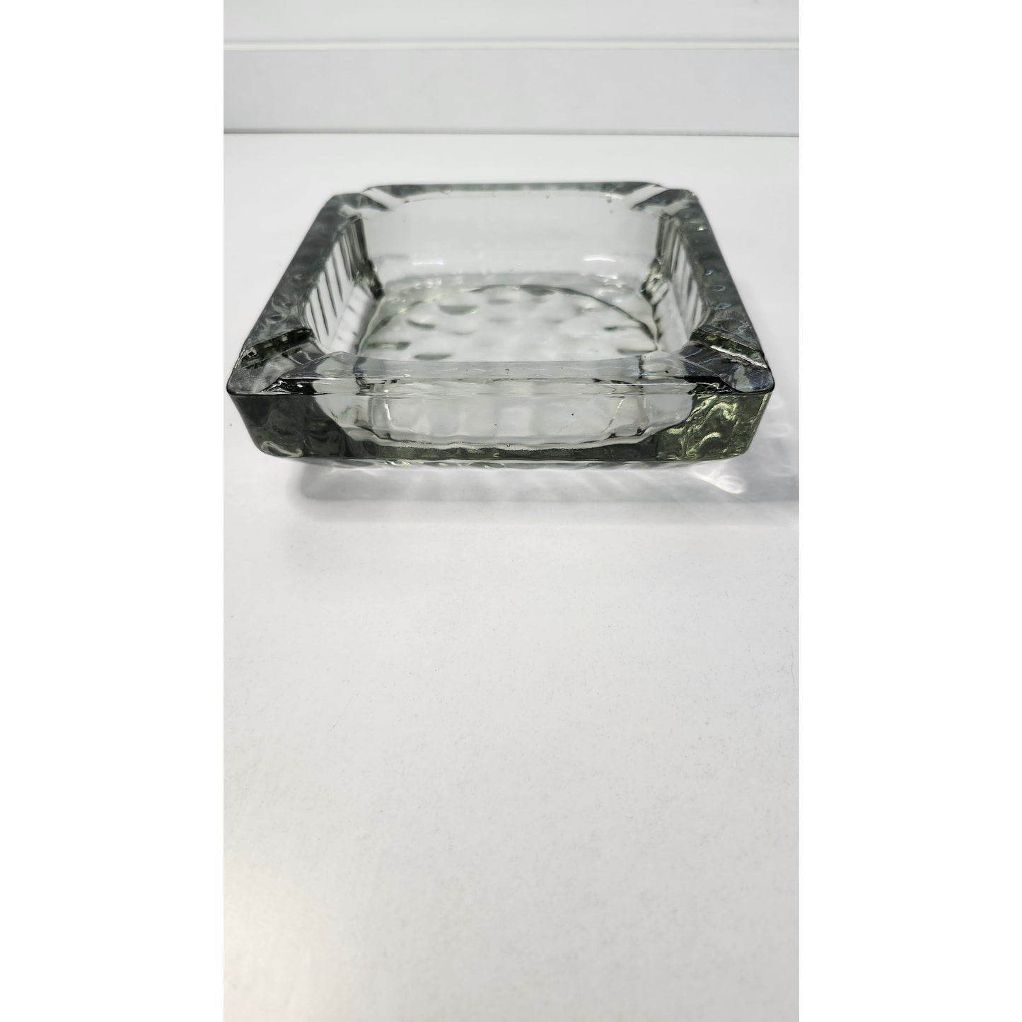 VTG Square Glass Ashtray Clear Textured Ribbed Bubble Base Tobacciana 6 inch