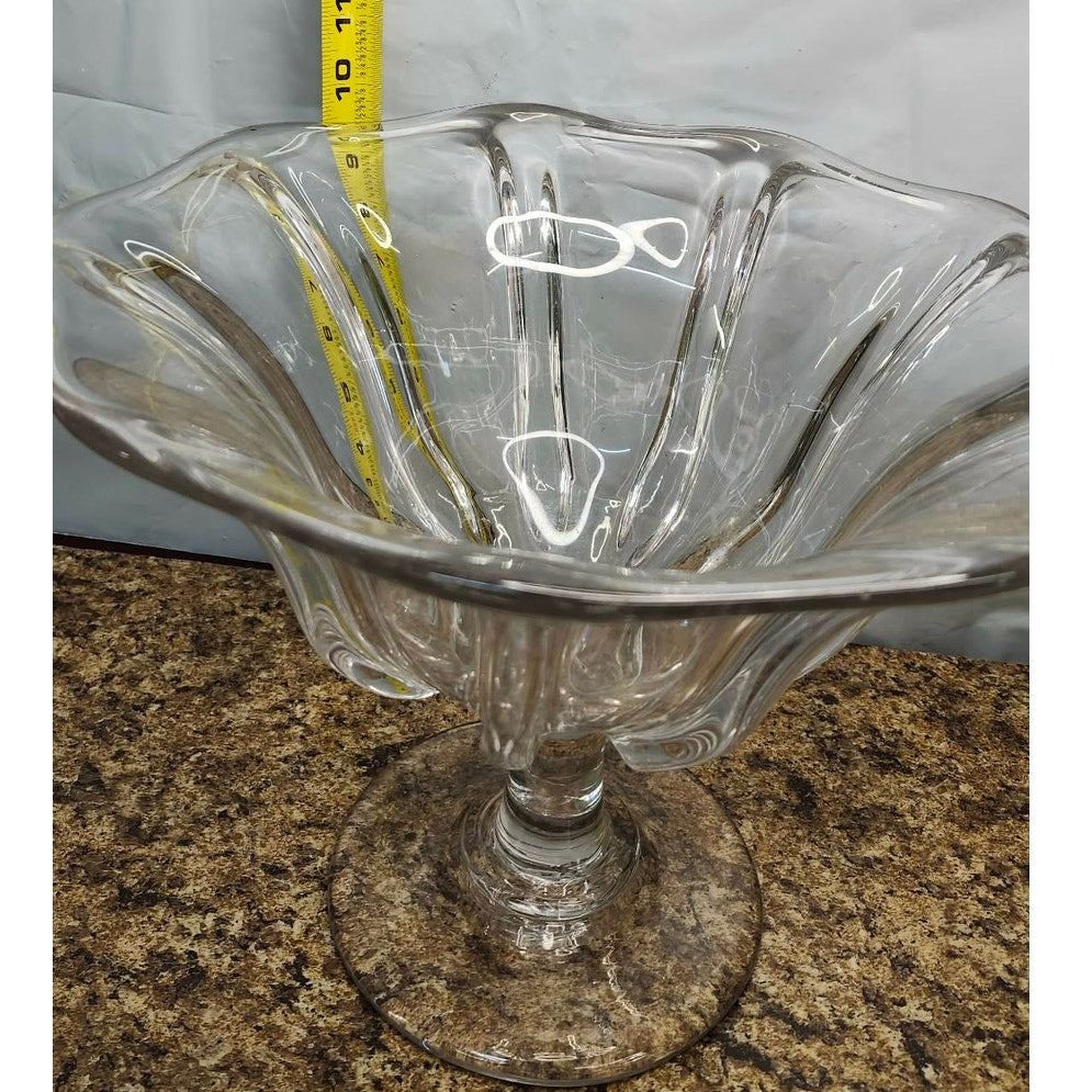 Vintage Clear Glass Fluted Pedestal Compote Centerpiece Bowl Scalloped 9.5" Tall