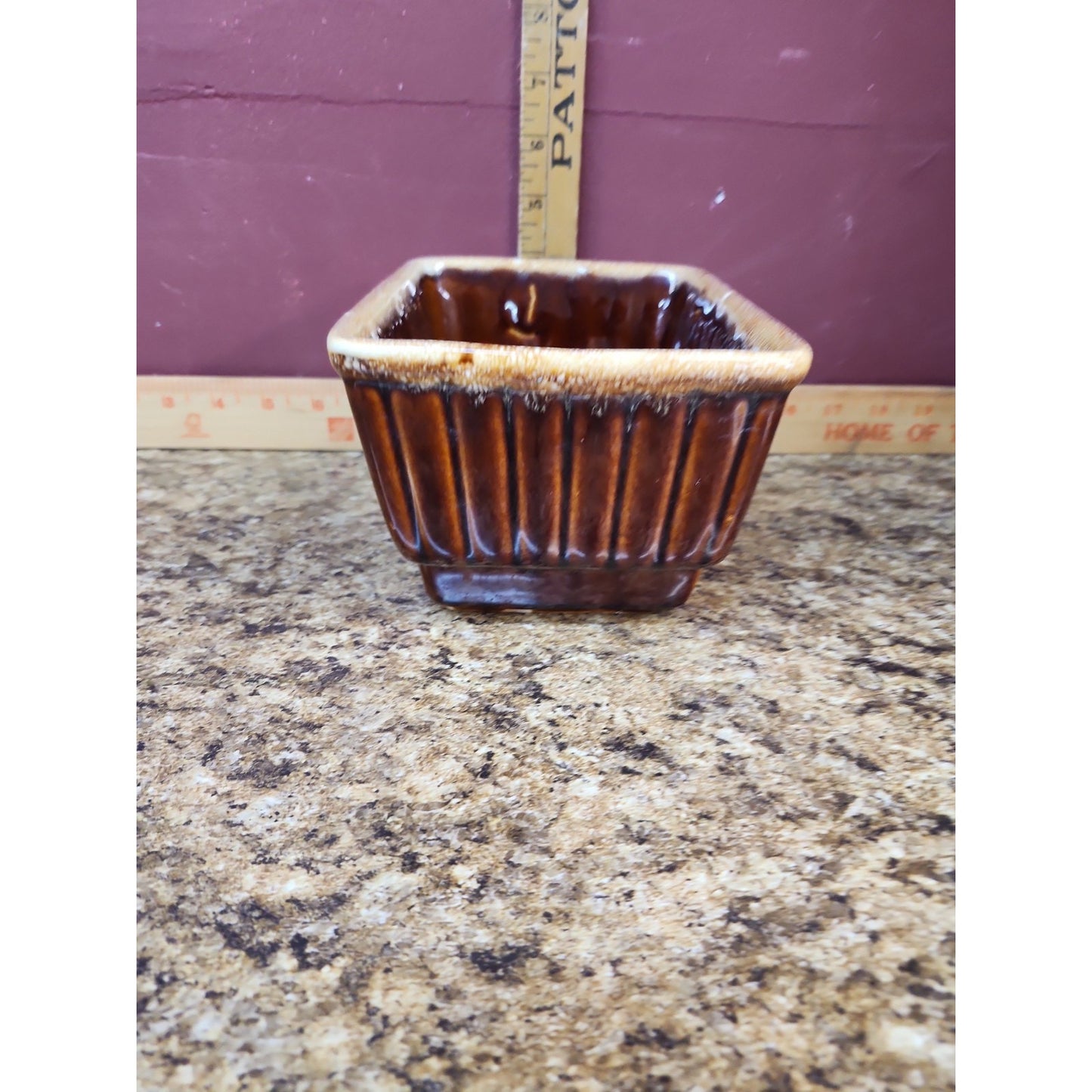 Hull 717 Pottery Planter Light Brown Drip Glaze Signed USA 7"x 5-1/4 x 4" high