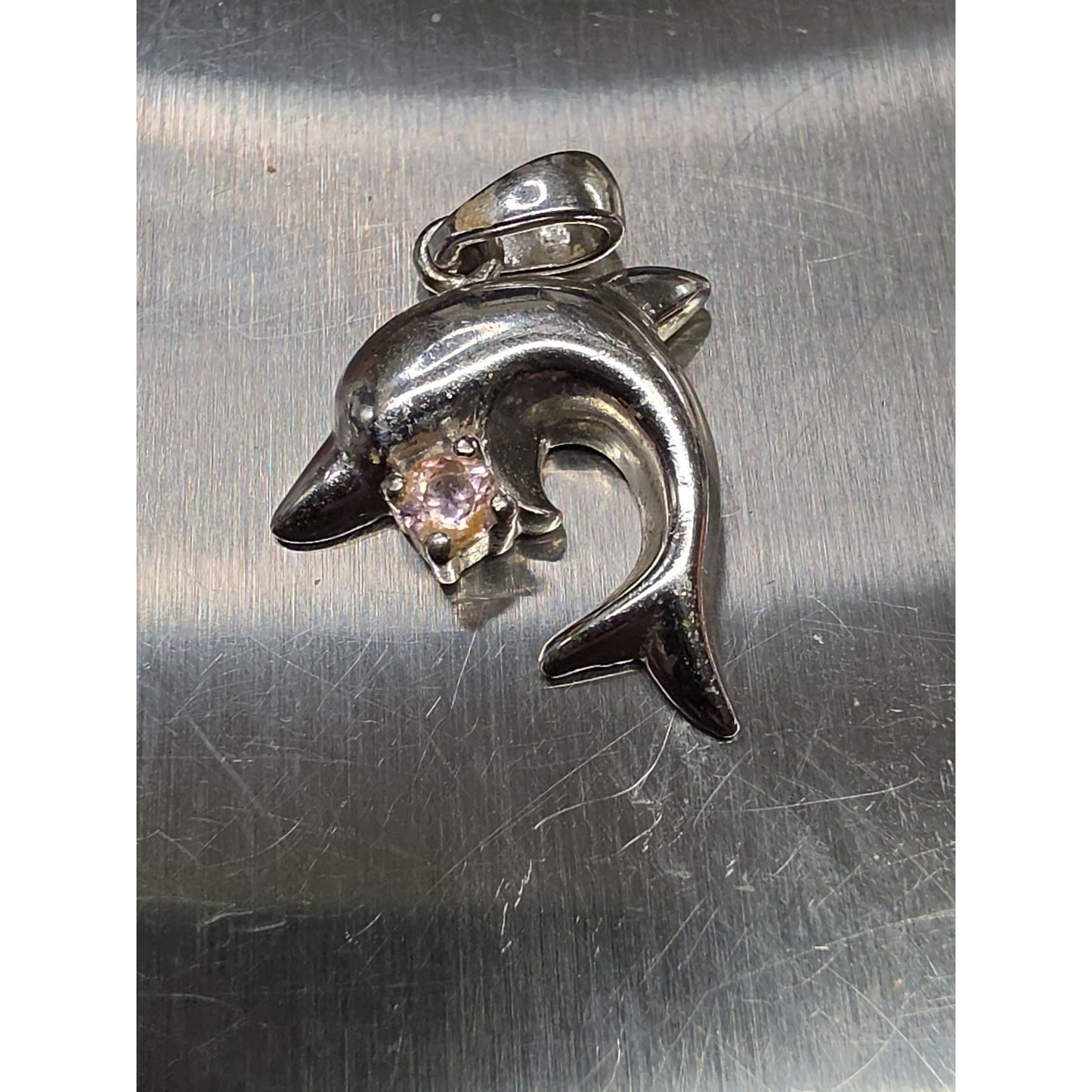 Vintage Sterling Silver Dolphin Pendant Charm with Pink Glass Accent