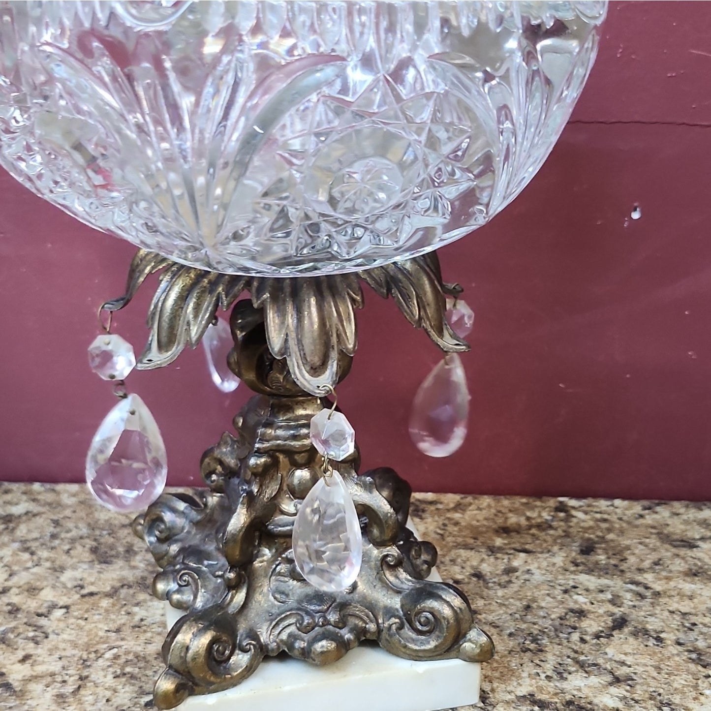 Antique Crystal Cut Glass Hexagonal Pedestal Bowl Hollywood Regency