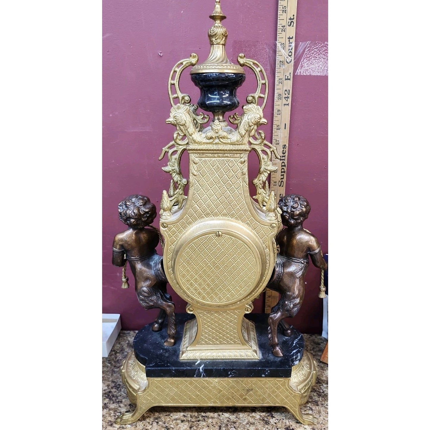 Large Imperial Lancini Italian Made Gilded Bronze & Marble Mantle Clock Satyrs
