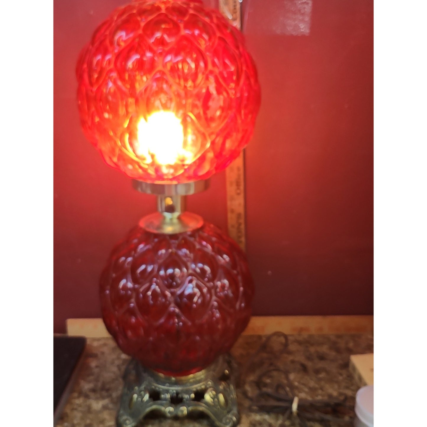Vintage 1970 EF EF Industries Ruby Red Hurricane Parlor Lamp No 338 22" Tall