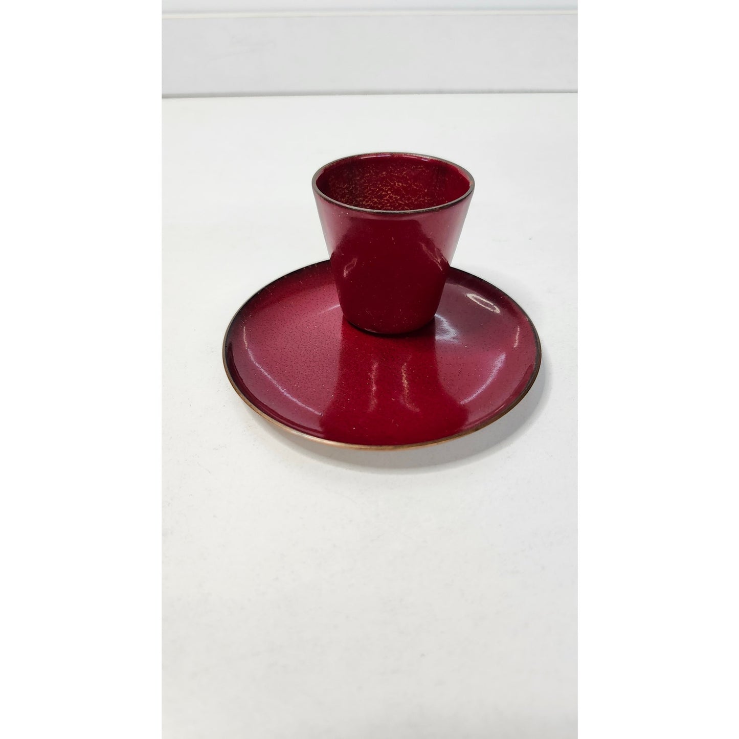 VTG Jade Snow Wong Red Enamel on Copper Cup and Saucer Set Mid Century Signed