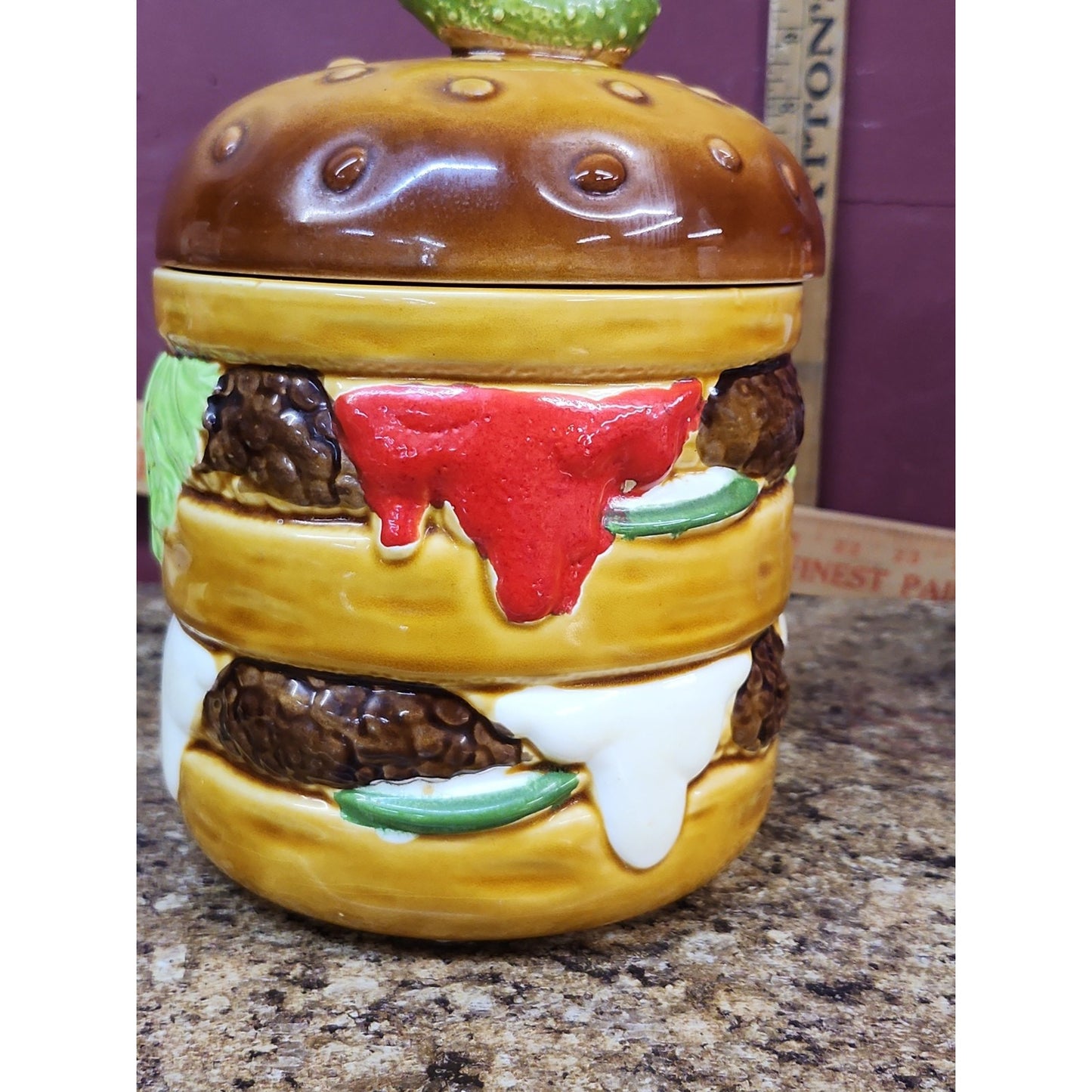 Double Decker Cheese Hamburger Cookie Jar With Pickle Lid 9" Cara Creations