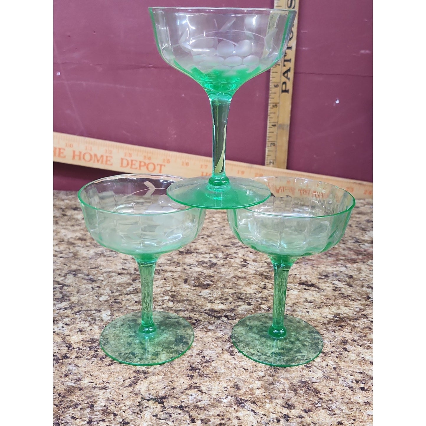 Lot Of 3 Vintage Uranium Glass Stemmed Champagne Glasses Excellent UV Glow!