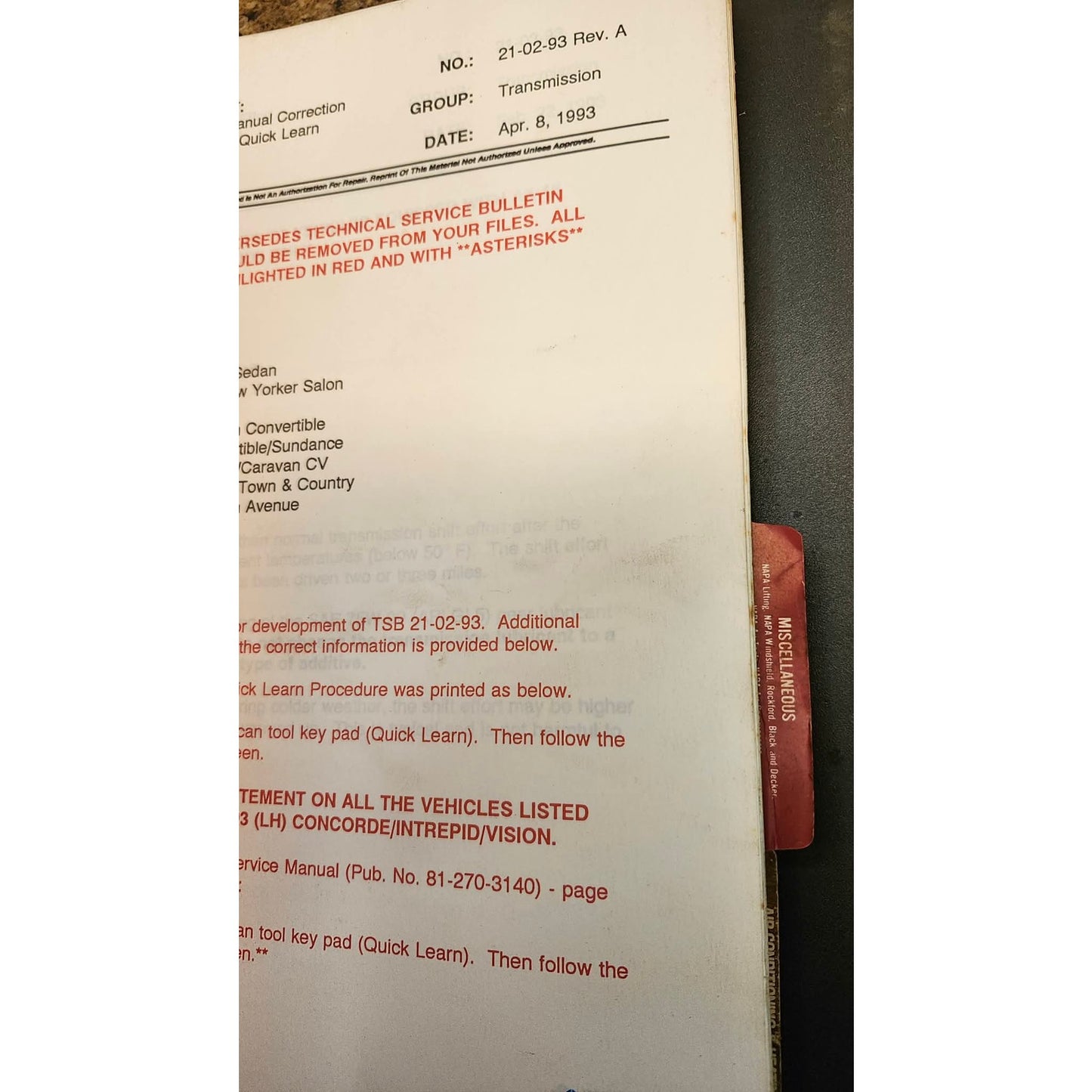 NAPA AutoCare Tech Tips Binder Alldata Mitchell Repair Chrysler Service Manuals