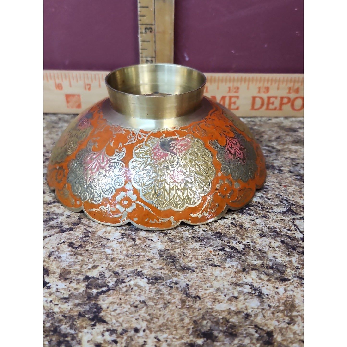 Vintage Brass Hand Painted Enameled Peacock Bowl Classic Boho Chic Approx 5”