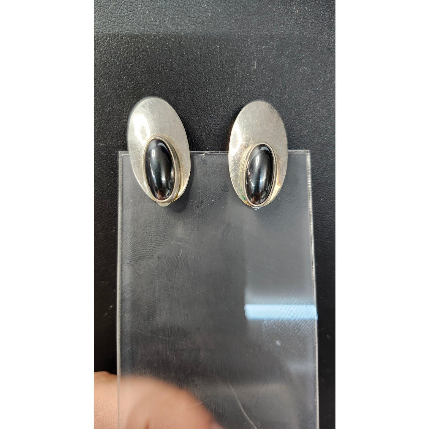 Vintage Sterling Silver Black Onyx Hematite Oval Clip-On Earrings