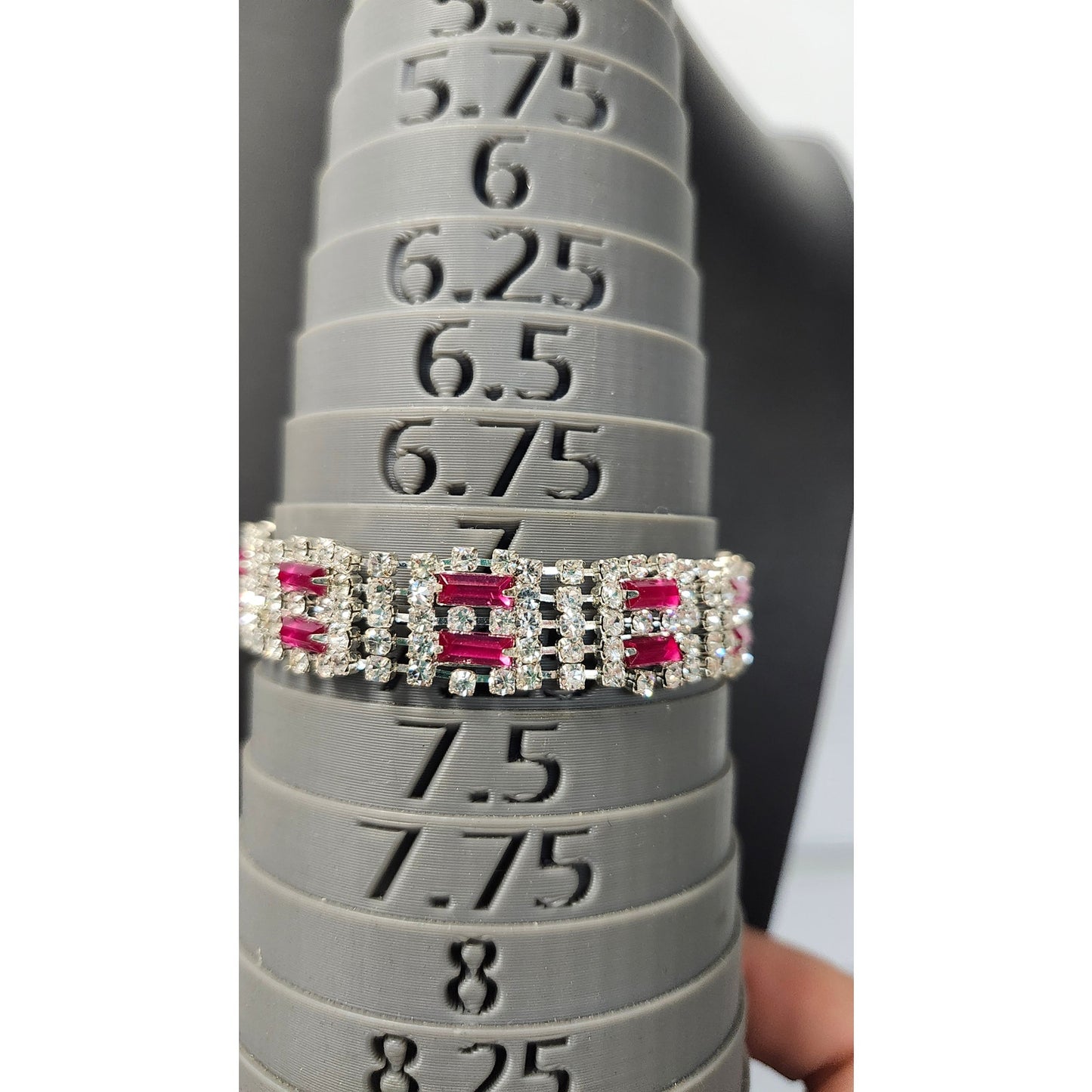 Vintage Ruby Rhinestone Silver-Tone Link Costume Bracelet 7.25"