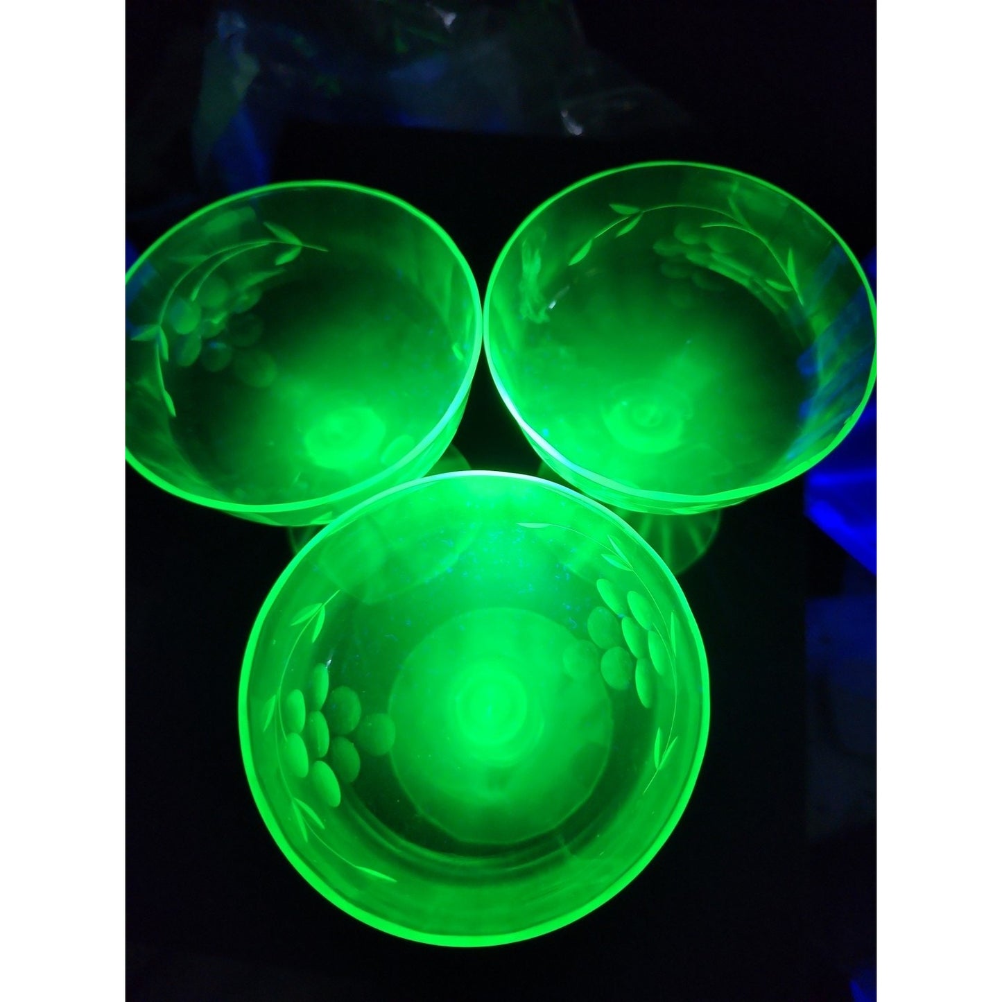 Lot Of 3 Vintage Uranium Glass Stemmed Champagne Glasses Excellent UV Glow!