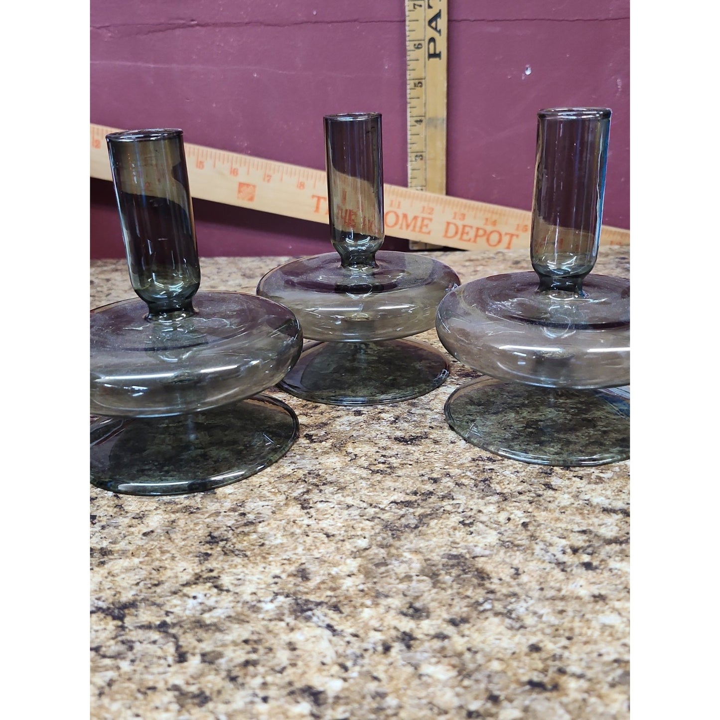 Lot/3 Pfister Kerzenstander Glass Candlestick Holders Decoration Amethyst Gray