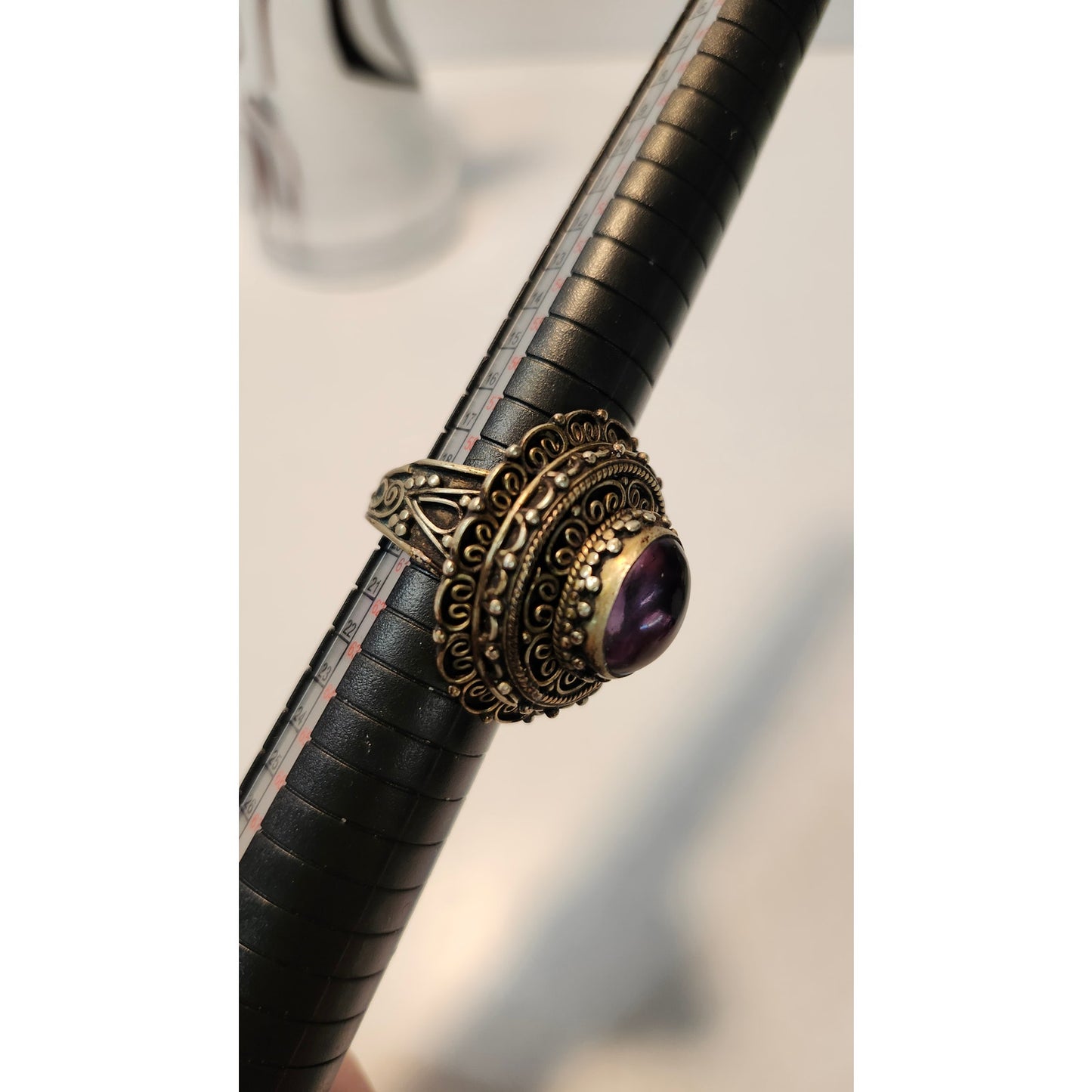 Antique Filigree Cocktail Ring Purple Oval Stone Statement Gold Tone Size 9