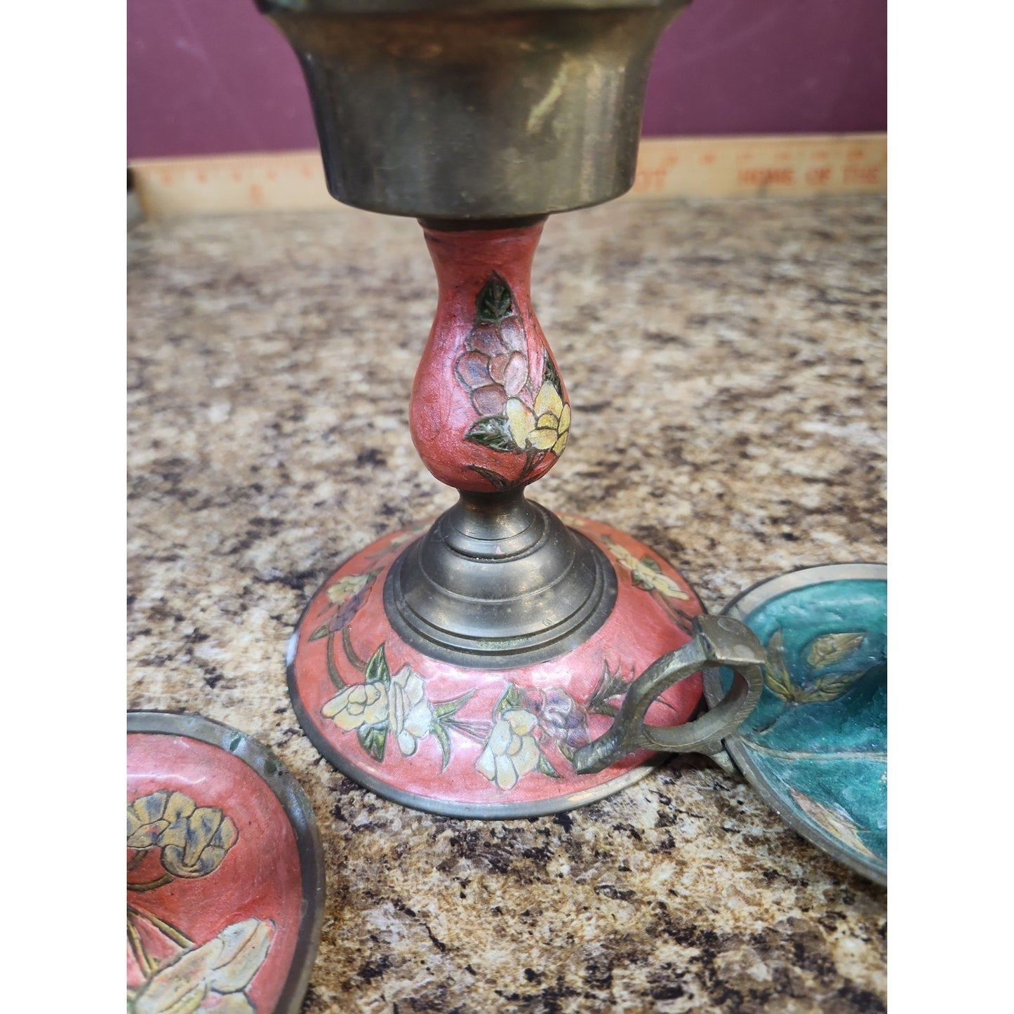 LOT OF 4 VINTAGE Floral ENAMELED BRASS CANDLE HOLDERS MADE IN INDIA