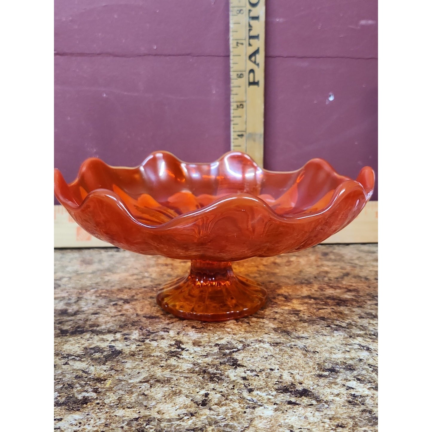 Amberina 9 Petal glass footed compote bowl, likely L.E. Smith or Viking Glass