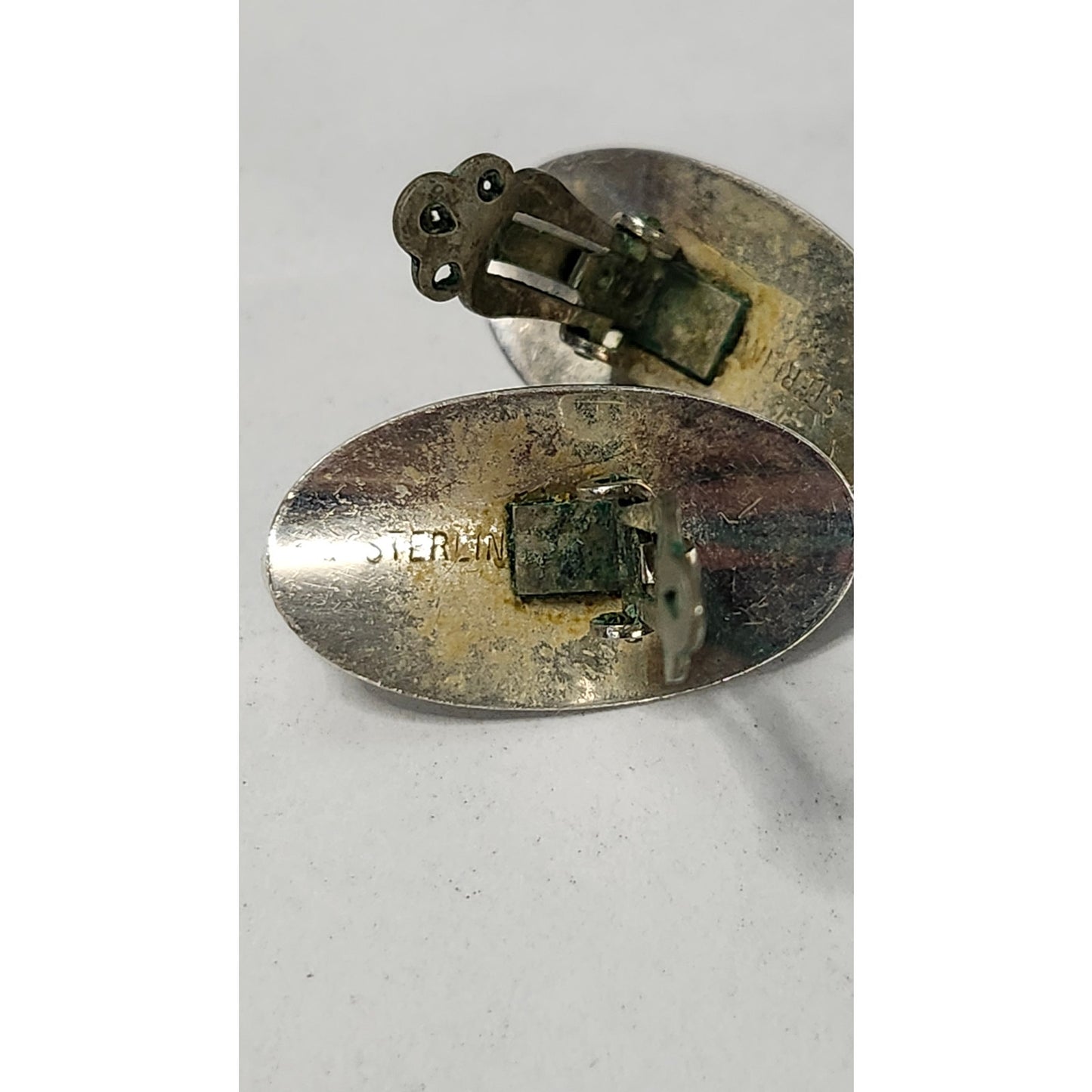 Vintage Sterling Silver Black Onyx Hematite Oval Clip-On Earrings