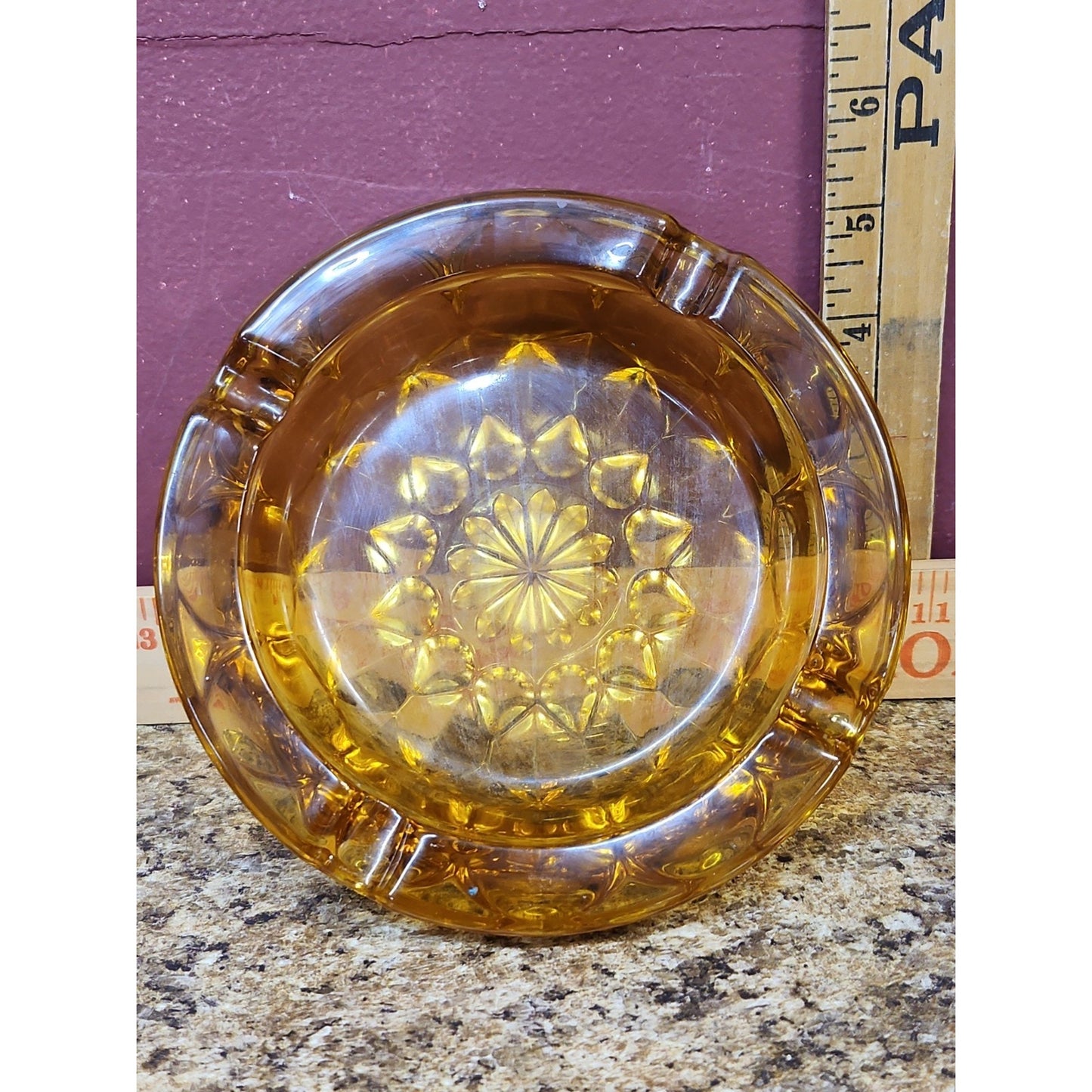 VINTAGE Amber Glass Ashtray Anchor Hocking Fairfield Starburst 6-1/4” Heavy