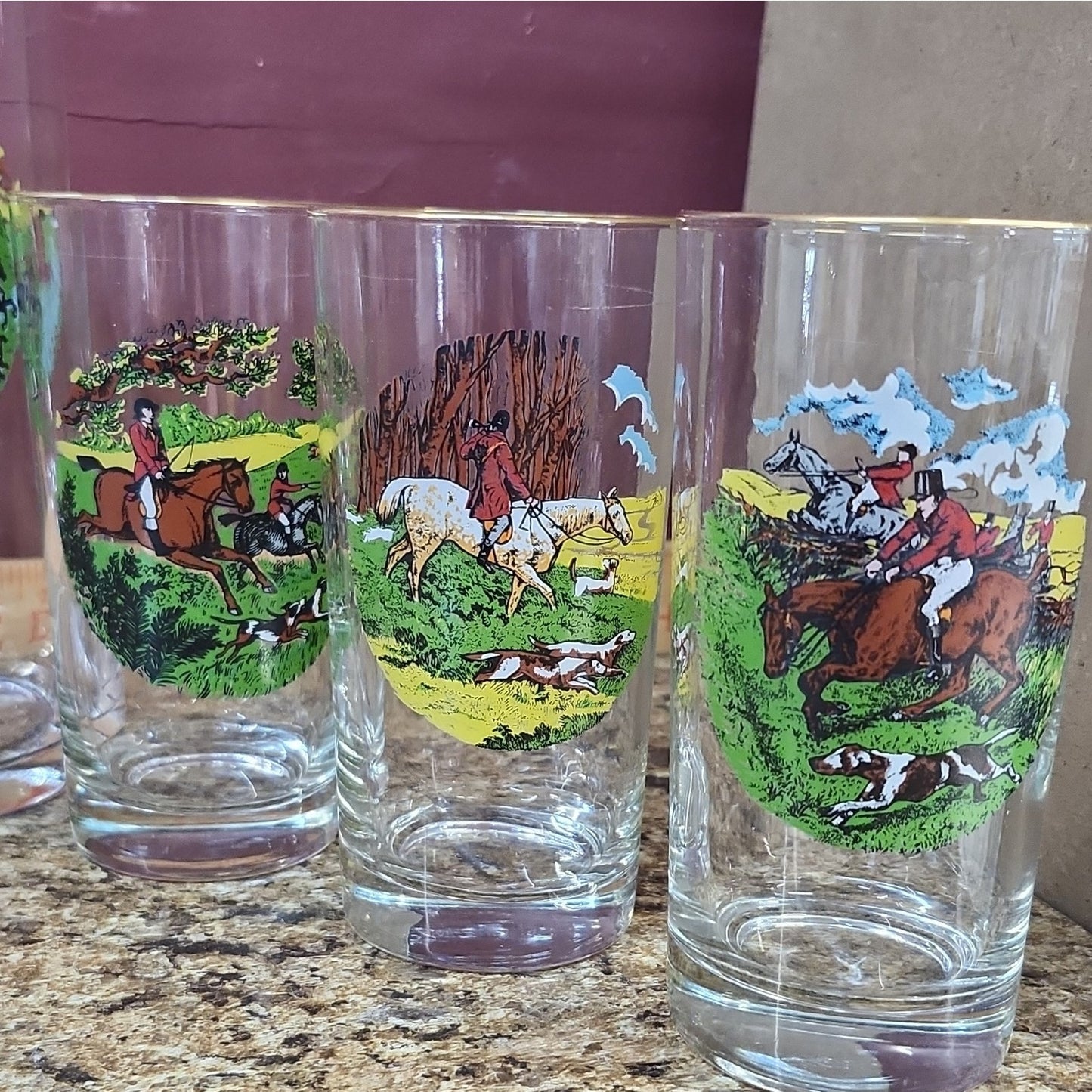 Neiman Marcus Style Glass Pitcher + 6 Tumblers, Hunting Scene Horses