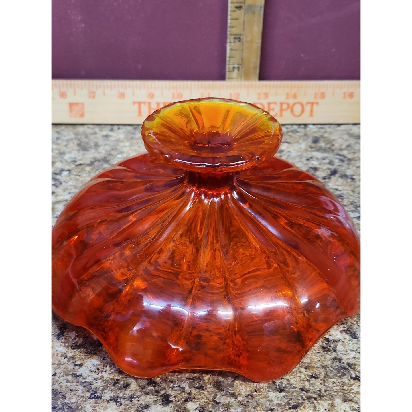 Amberina 9 Petal glass footed compote bowl, likely L.E. Smith or Viking Glass