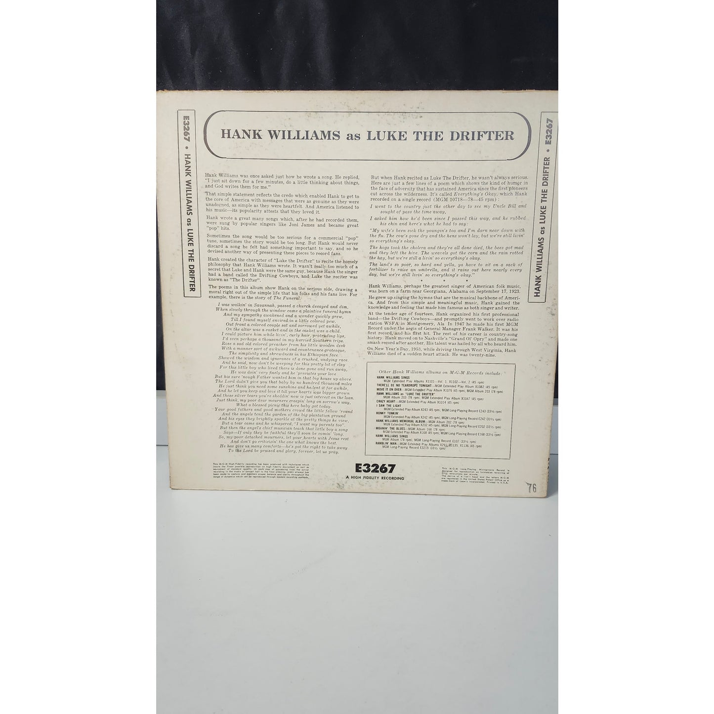 Hank Williams as Luke The Drifter LP Album MGM 1955 Microgroove E3267 Country
