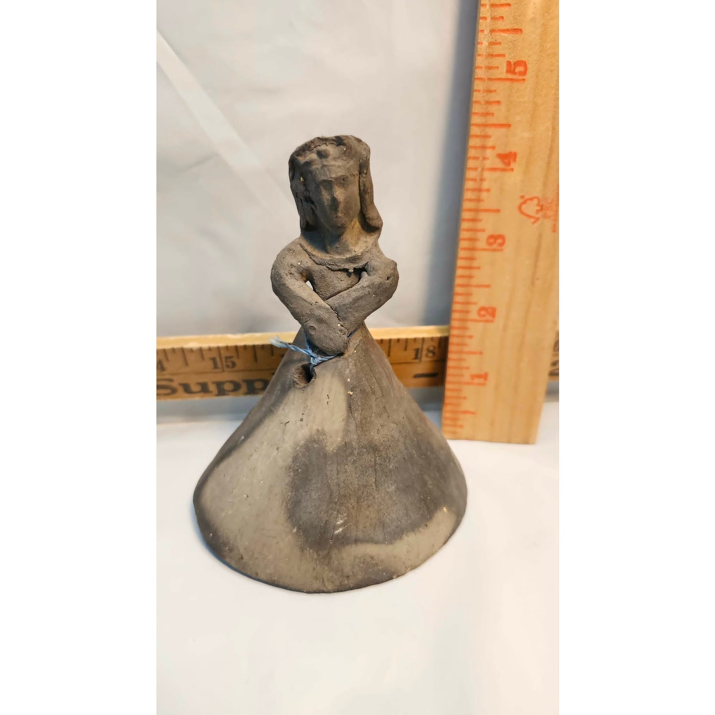 Vintage Mexican Folk Art Bell Black Clay Barro Negro Oaxaca Pottery Woman Figure