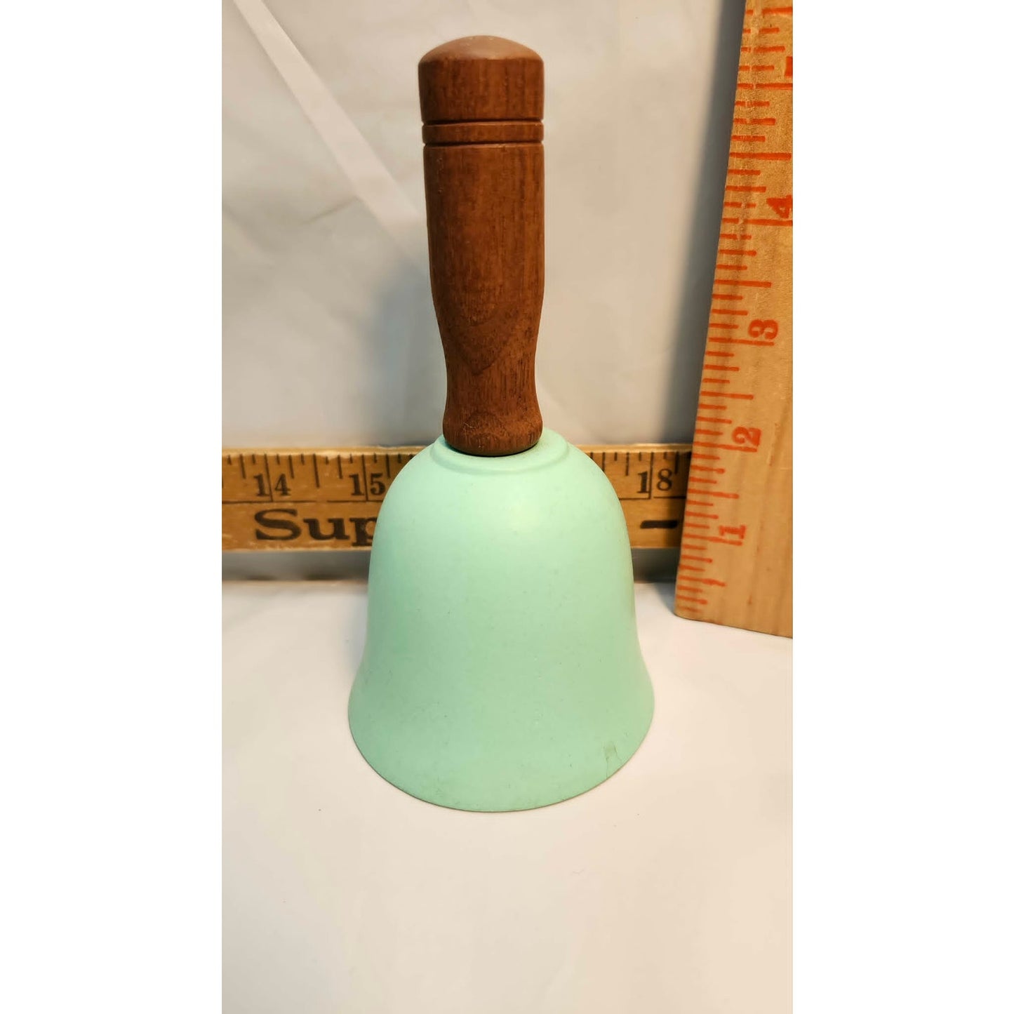 Vintage Tesa Signed Hand Painted Cactus Ceramic Bell Green Brown Wooden Handle