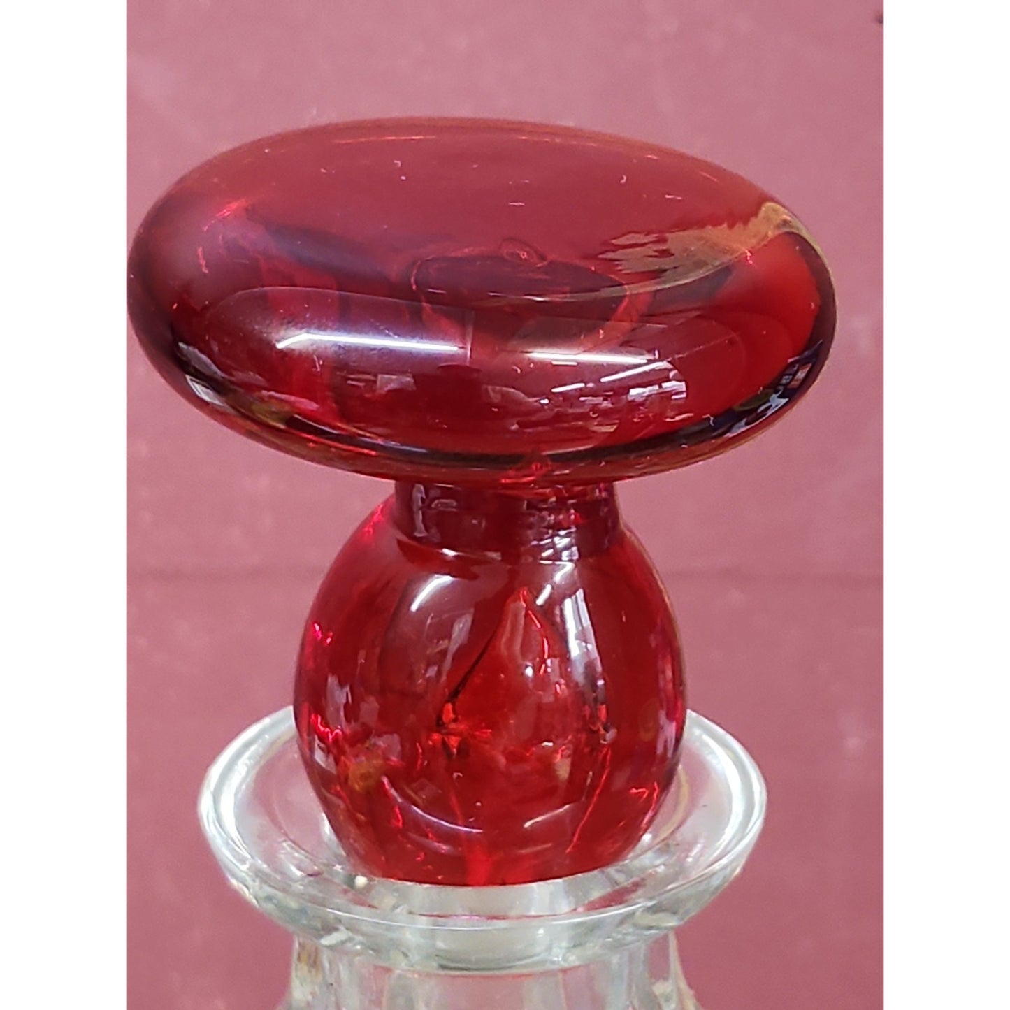 Blenko Ruby Red Glass Decanter Bottle Mushroom Stopper Glows