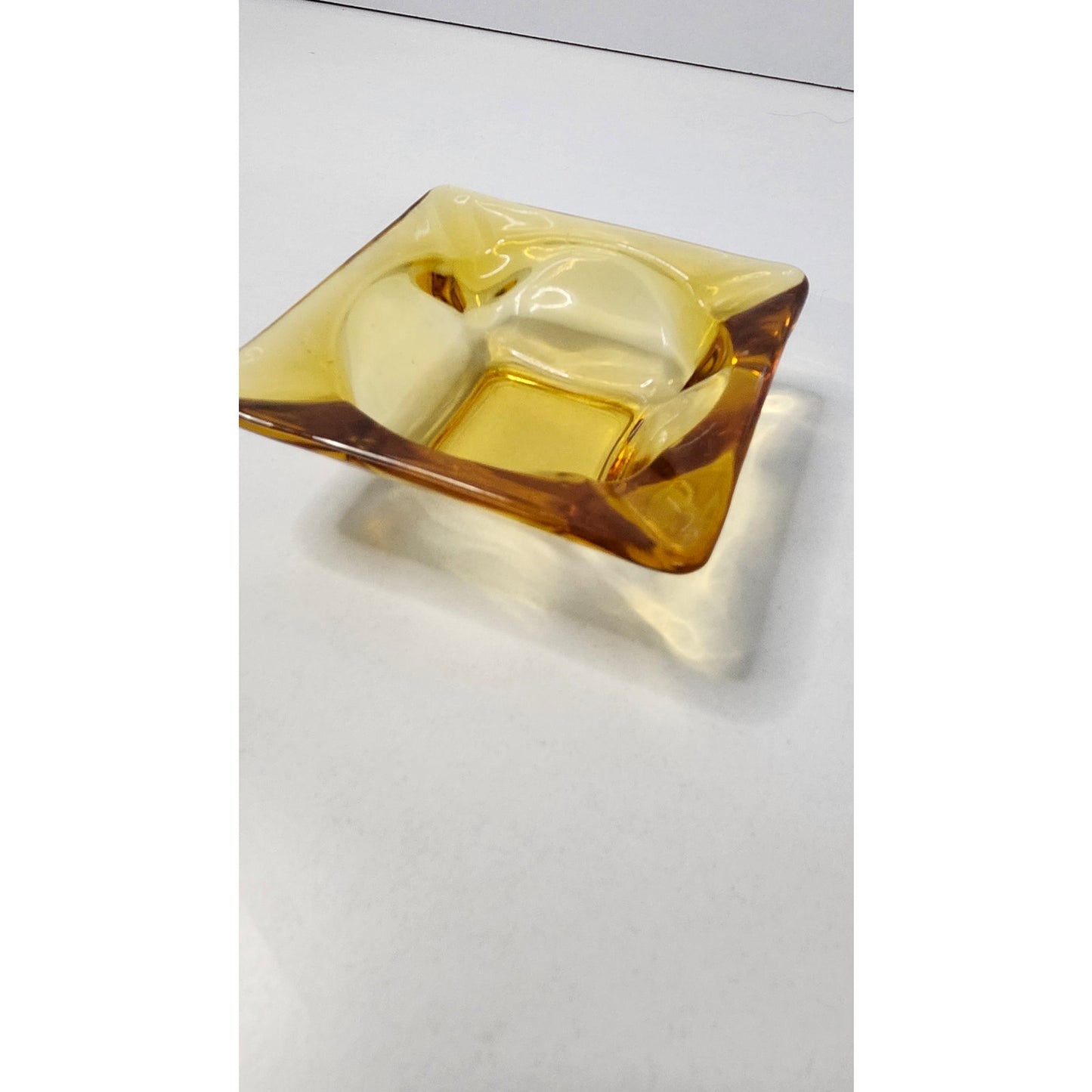 Vintage Mid-Century Yellow Amber Glass Square Cigarette Ashtray MCM 4.5"