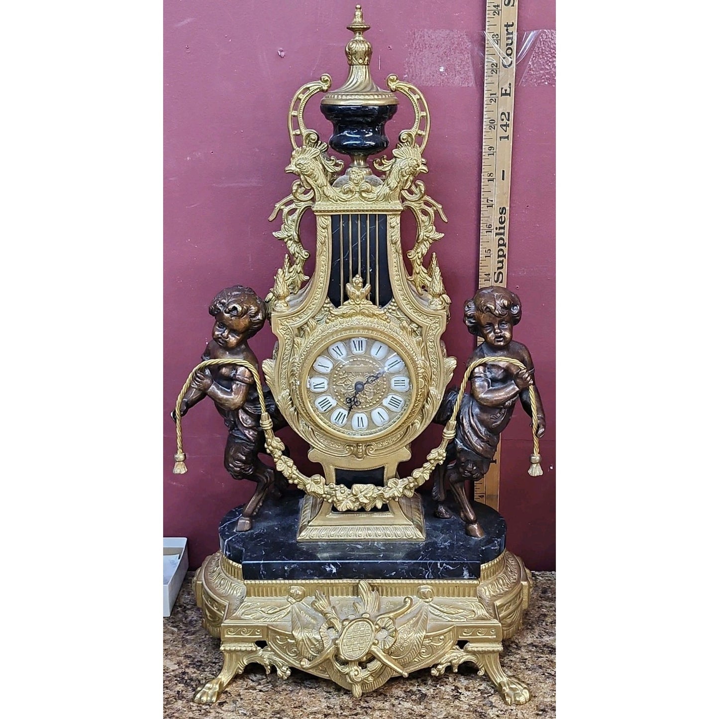 Large Imperial Lancini Italian Made Gilded Bronze & Marble Mantle Clock Satyrs